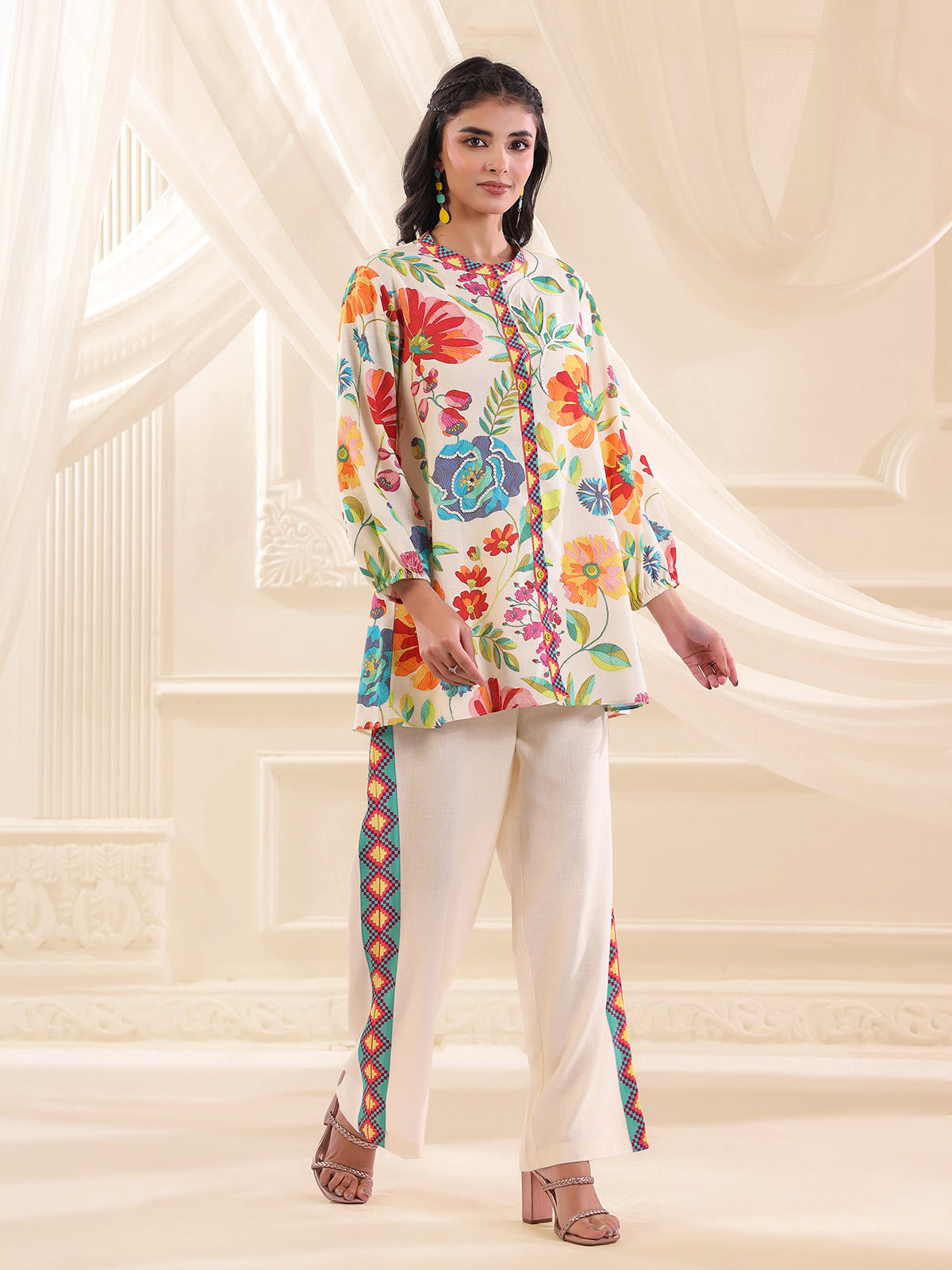 Cream silver linen floral printed festive co ord set