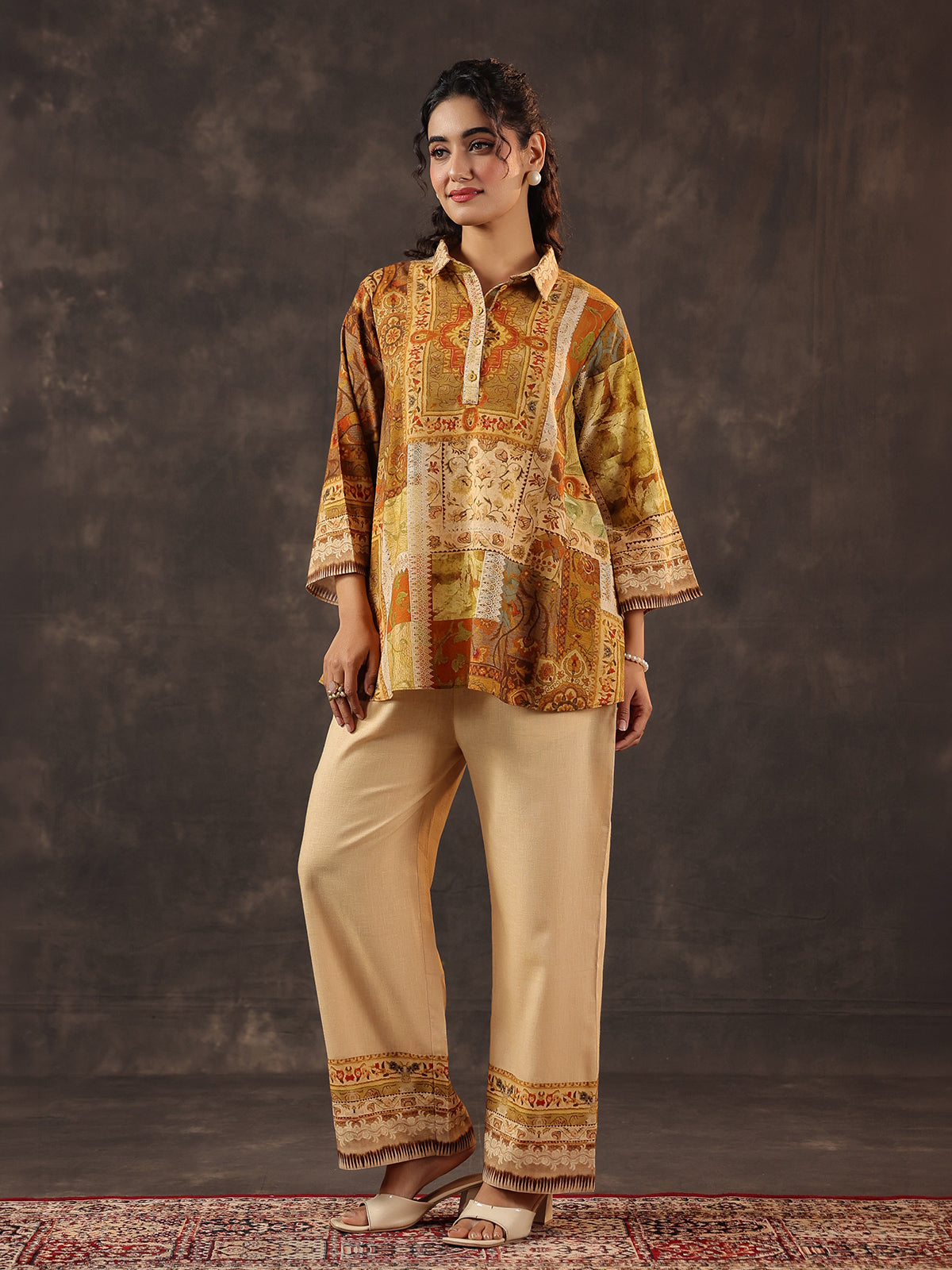 Beige silver linen printed casual co ord set