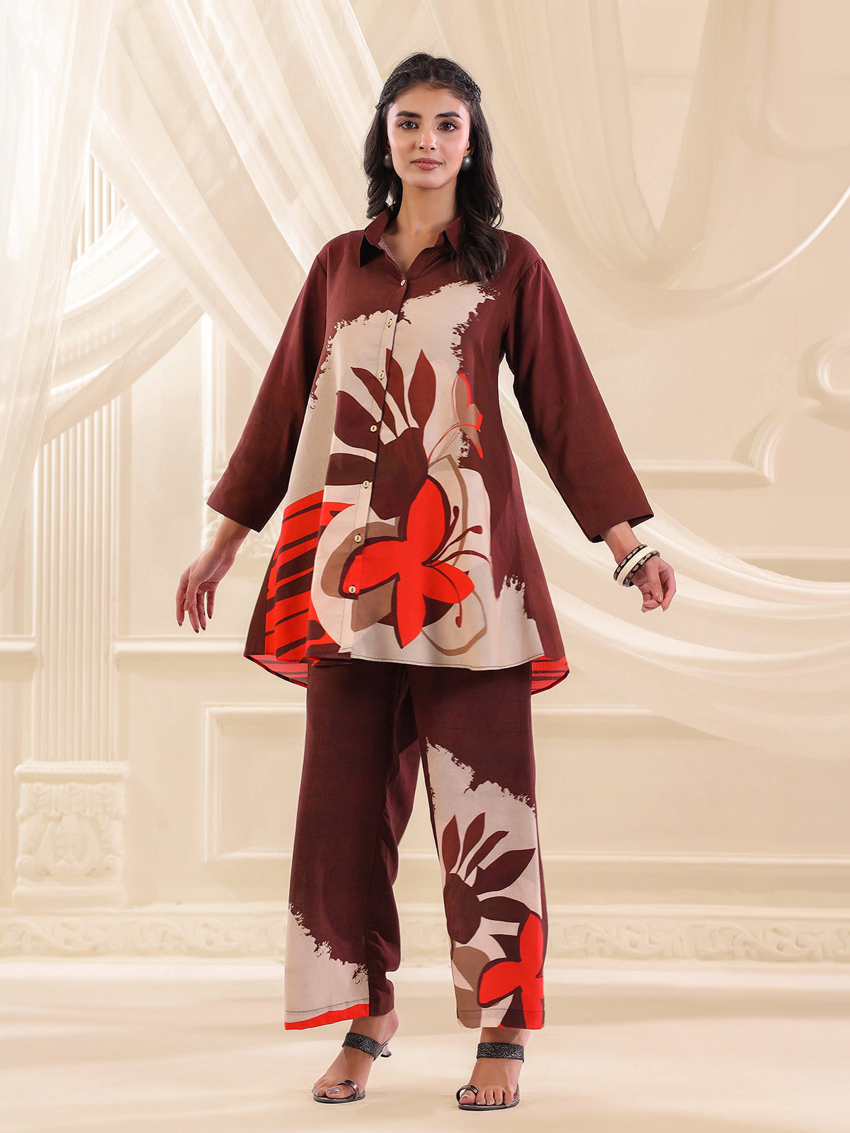 Brown silver linen printed casual co ord set