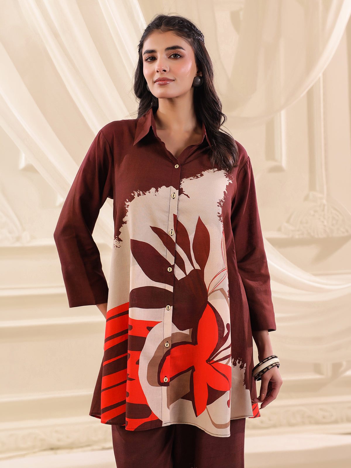 Brown silver linen printed casual co ord set