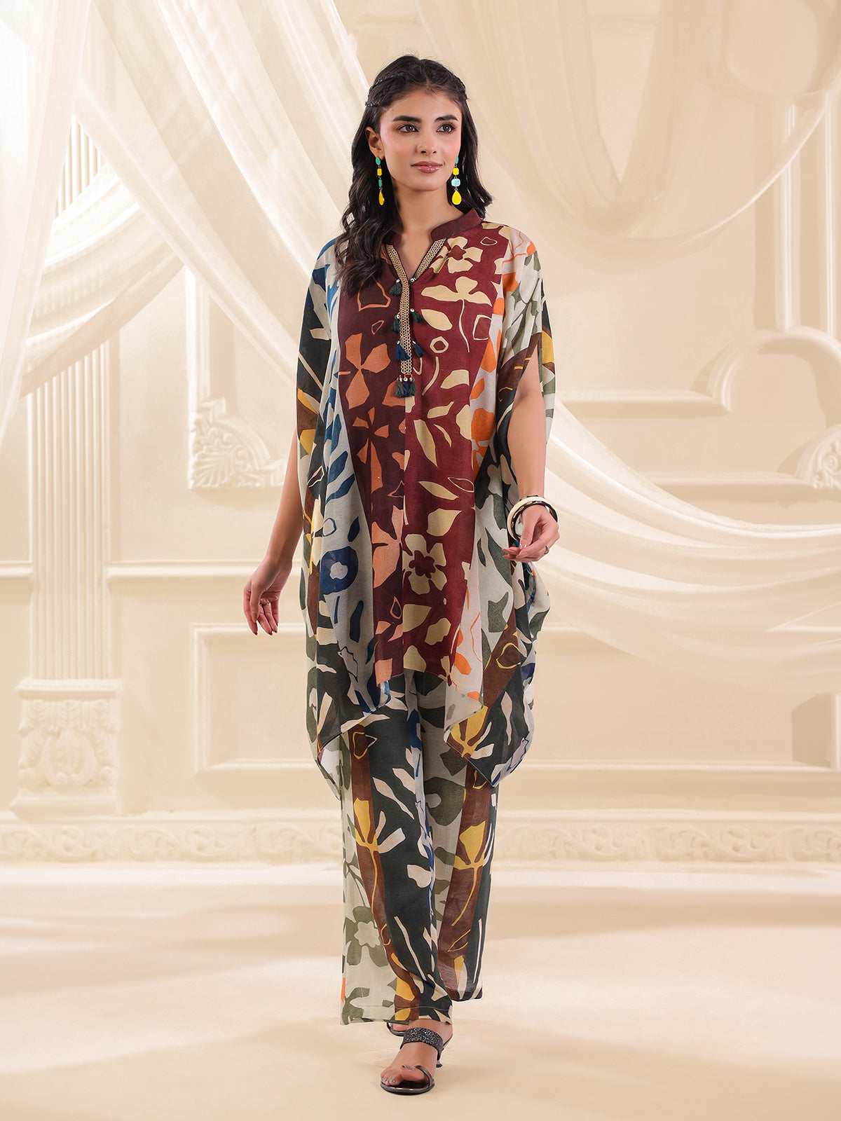 Multicolor silver linen kaftan style co ord set
