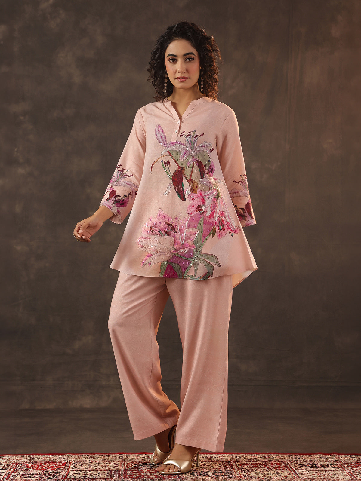 Peach silver linen sequin printed co ord set