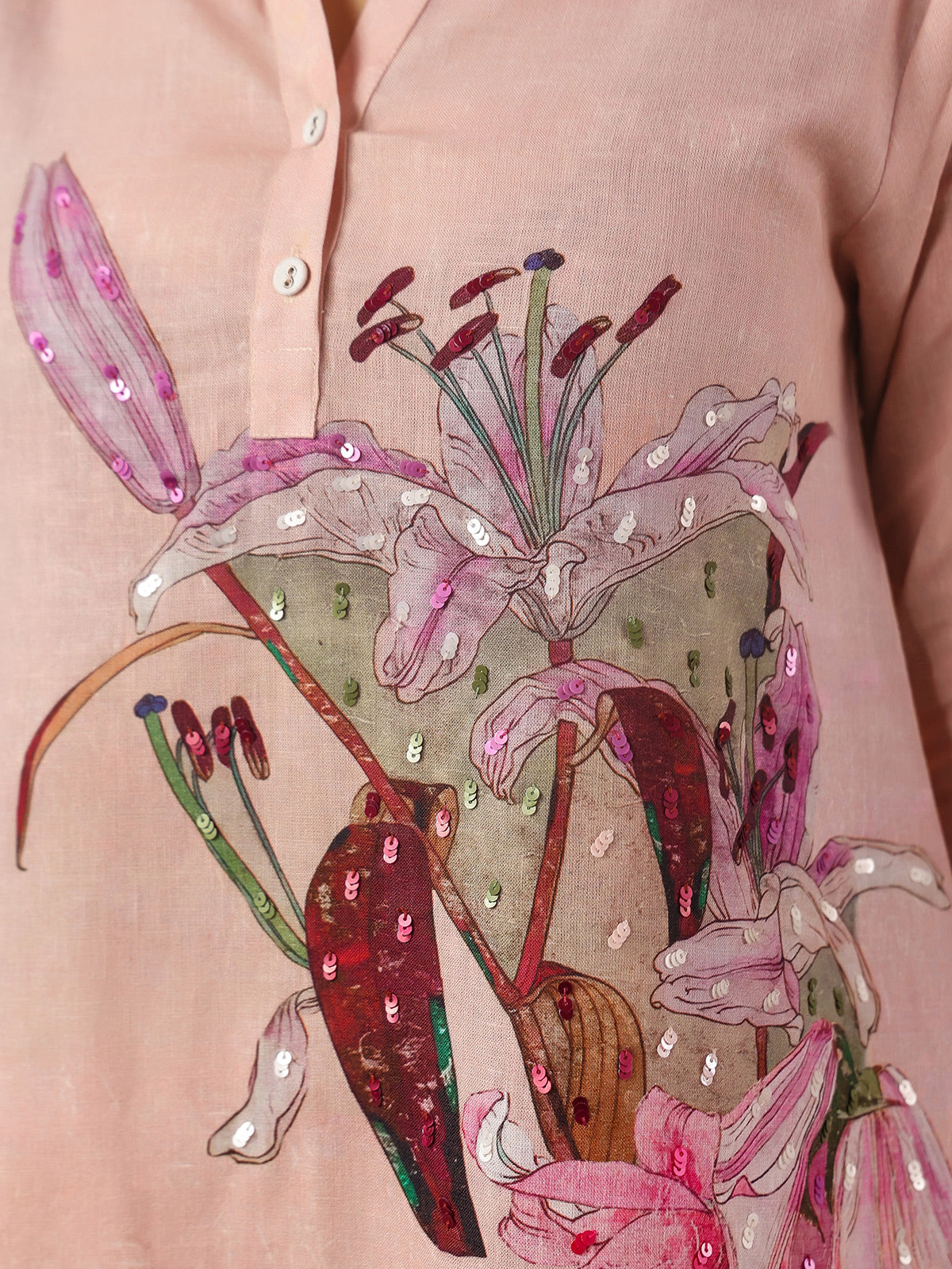 Peach silver linen sequin printed co ord set
