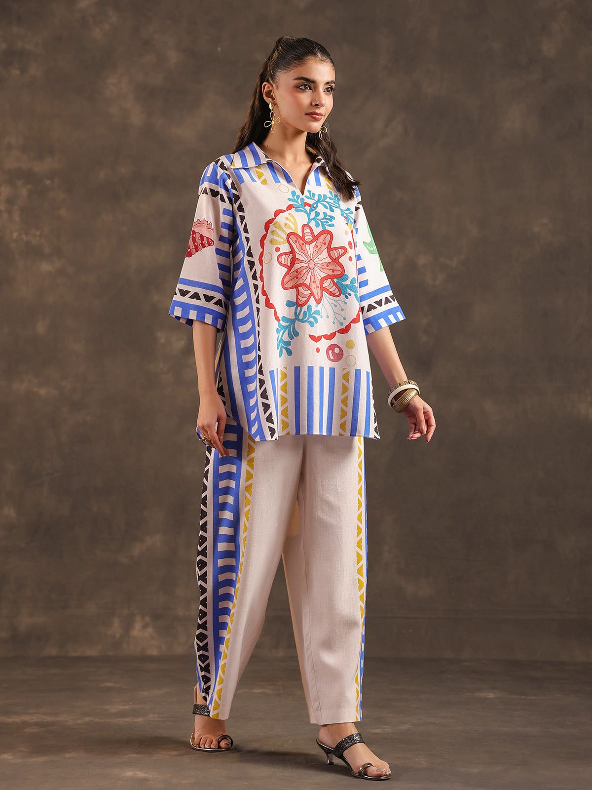 Beige silver linen printed casual co ord set for women