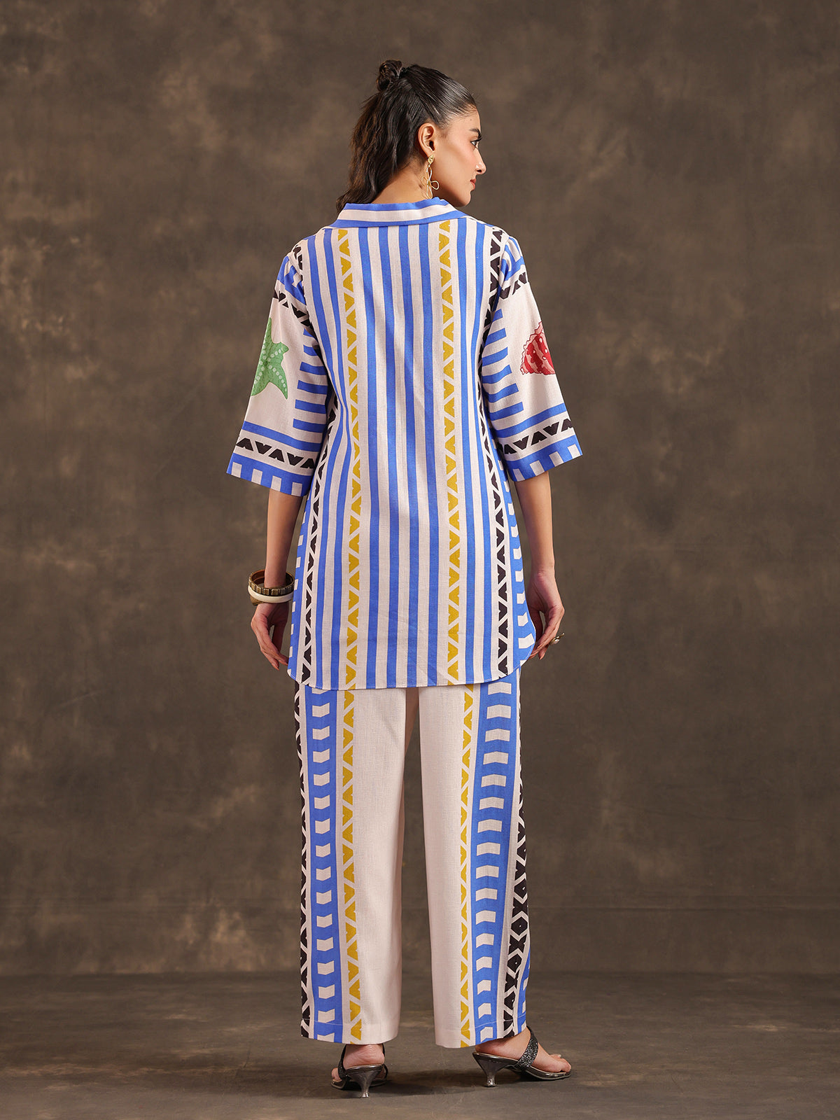 Beige silver linen printed casual co ord set for women