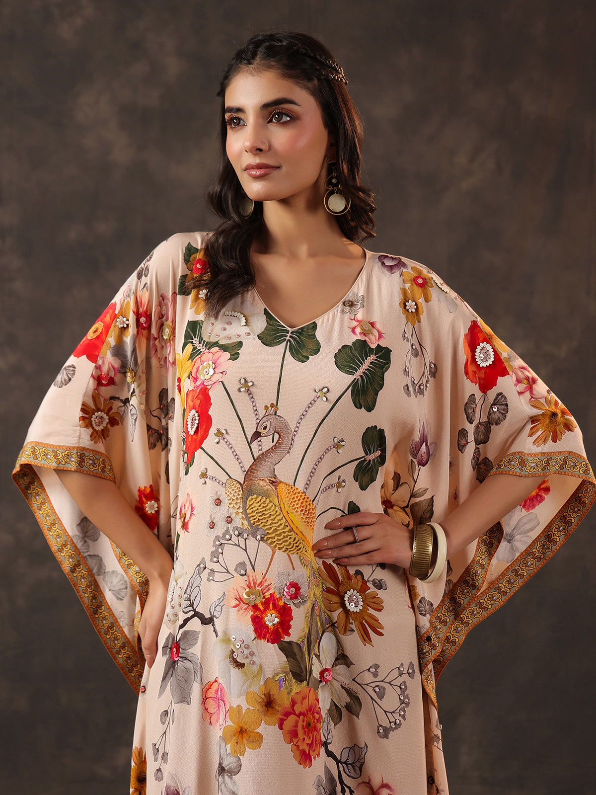 Beige viscose crepe printed kaftan style embellished festive kurti