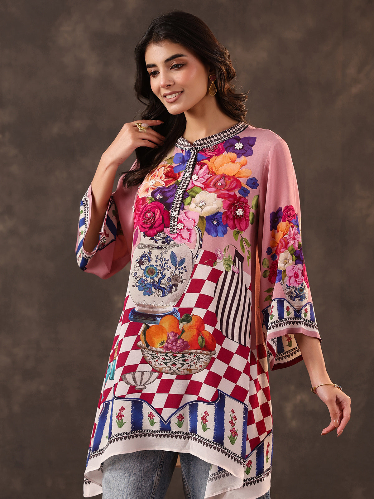 Pink viscose crepe printed short kurti