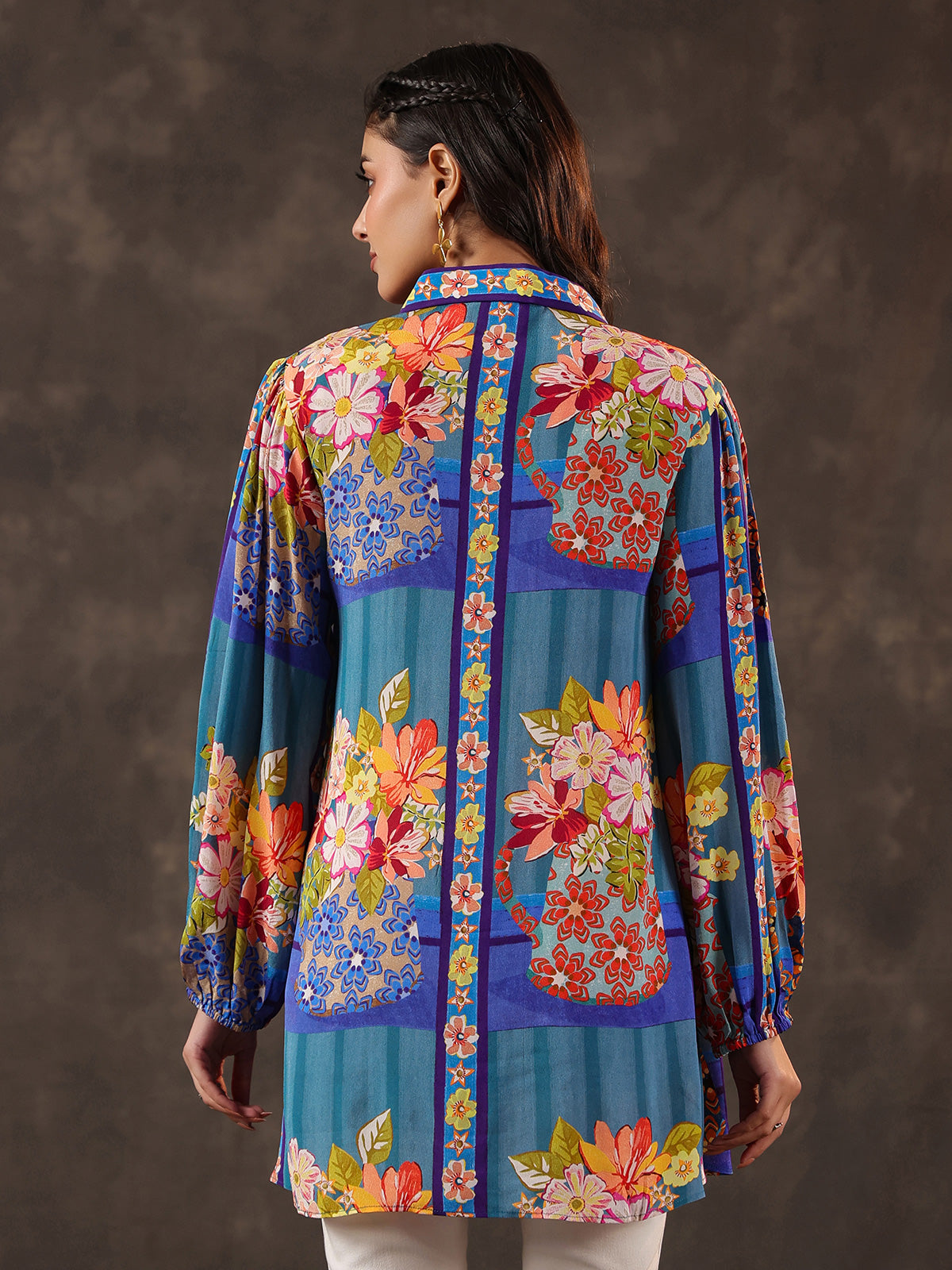 Blue viscose crepe printed casual short kurti