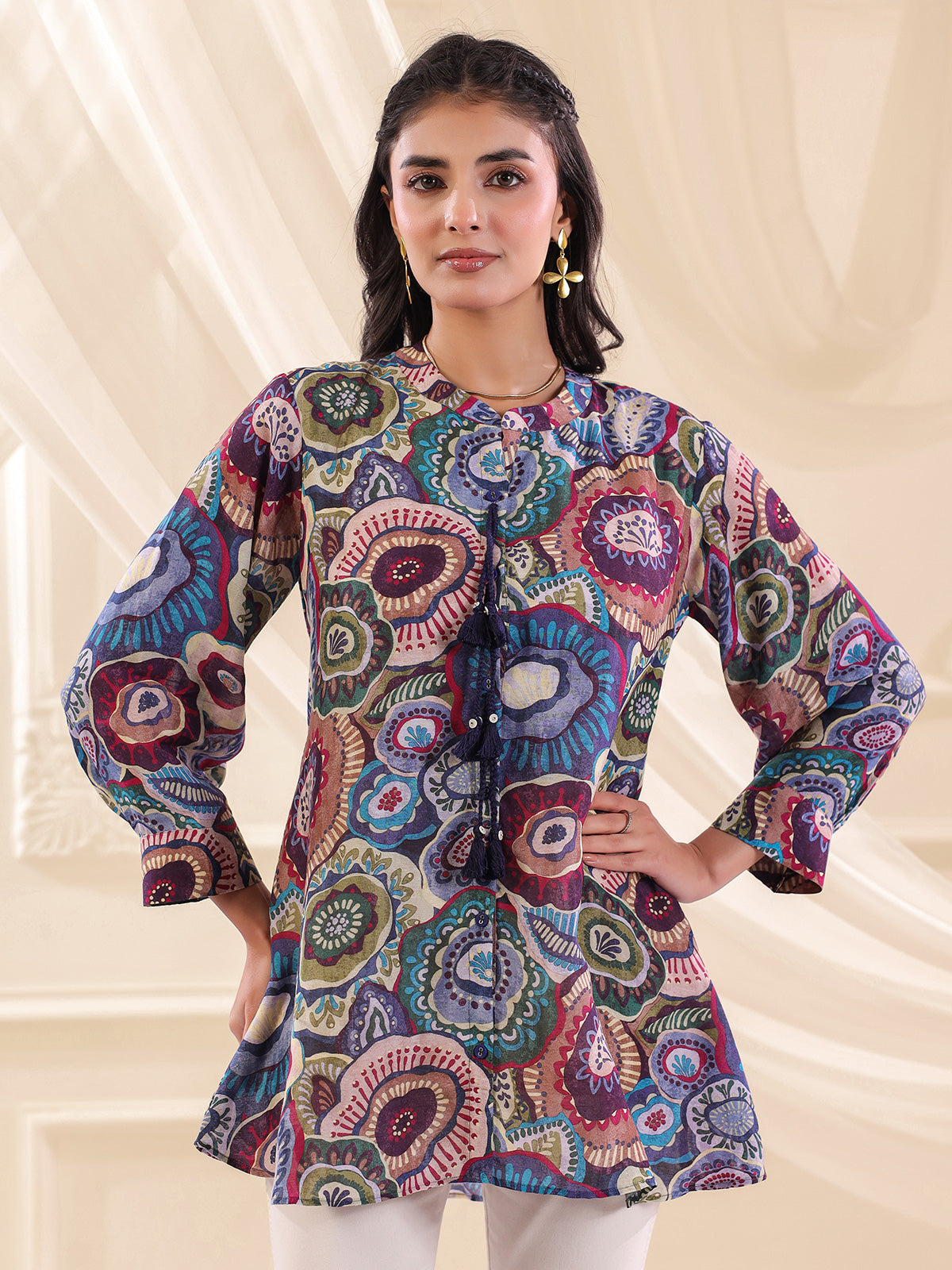 Purple linen silk printed casual stand collar short kurti