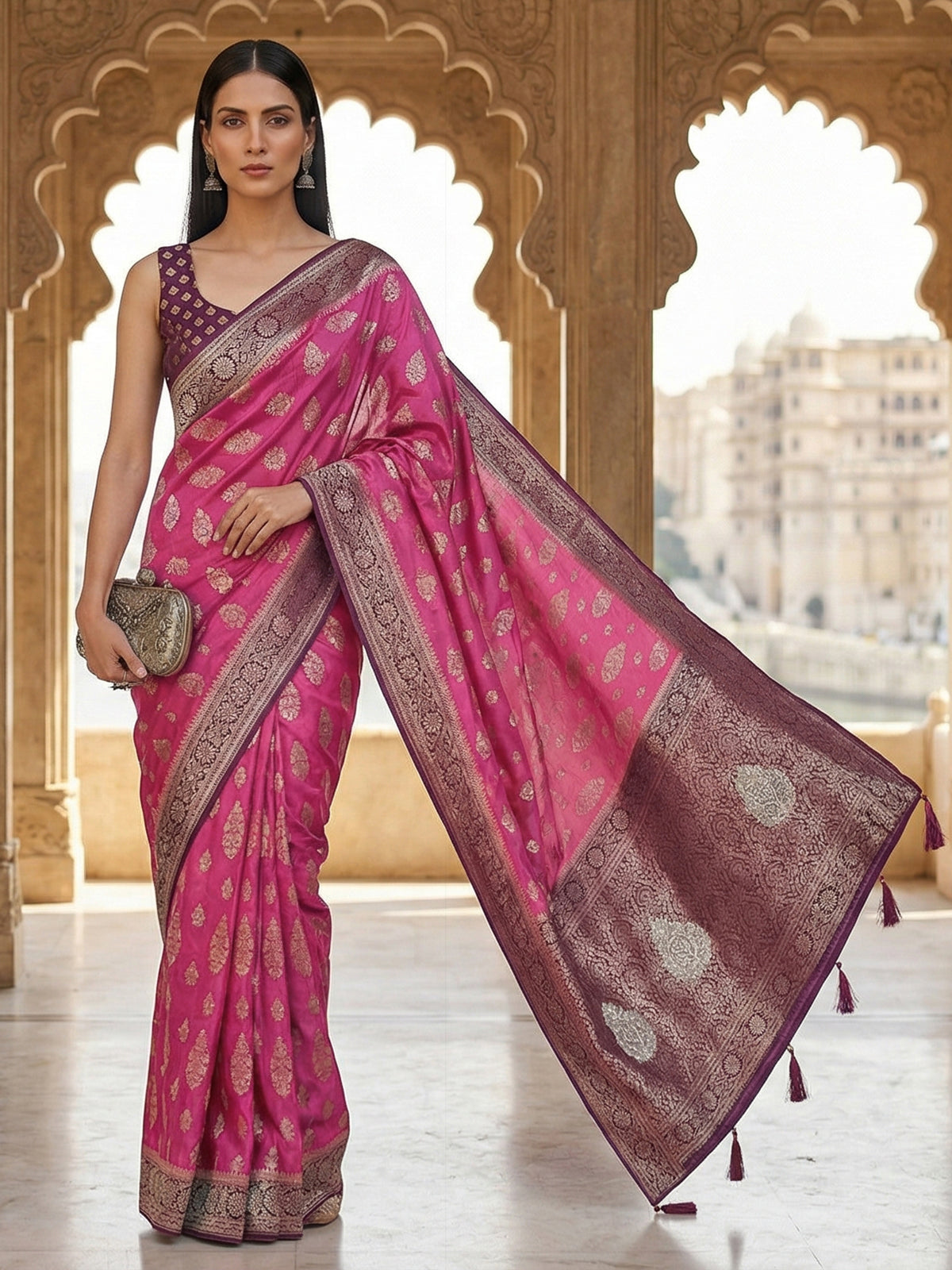 Purple dola silk zari and stone festive saree