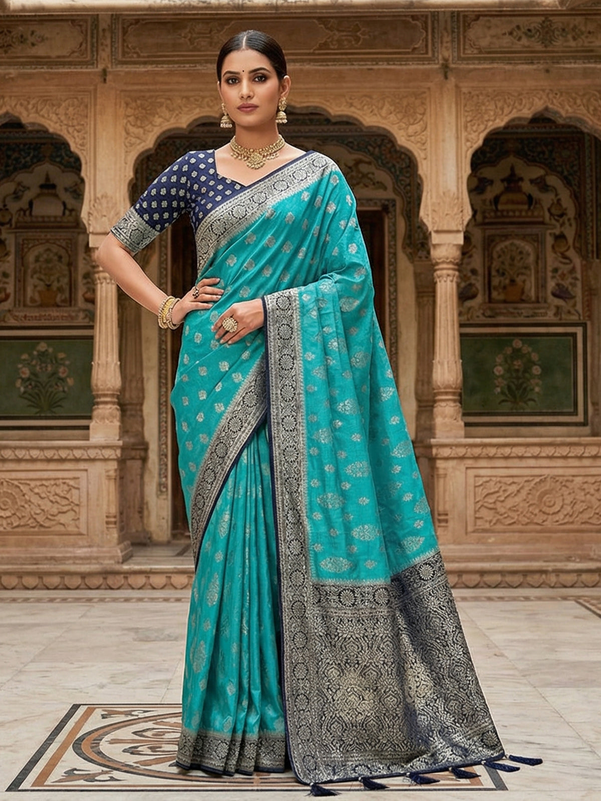 Aqua dola silk stone and zari festive saree