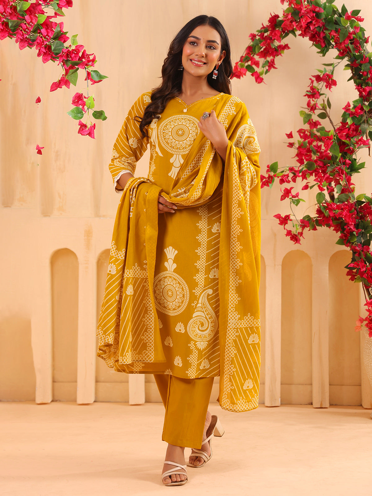 Yellow printed straight cut kurti set
