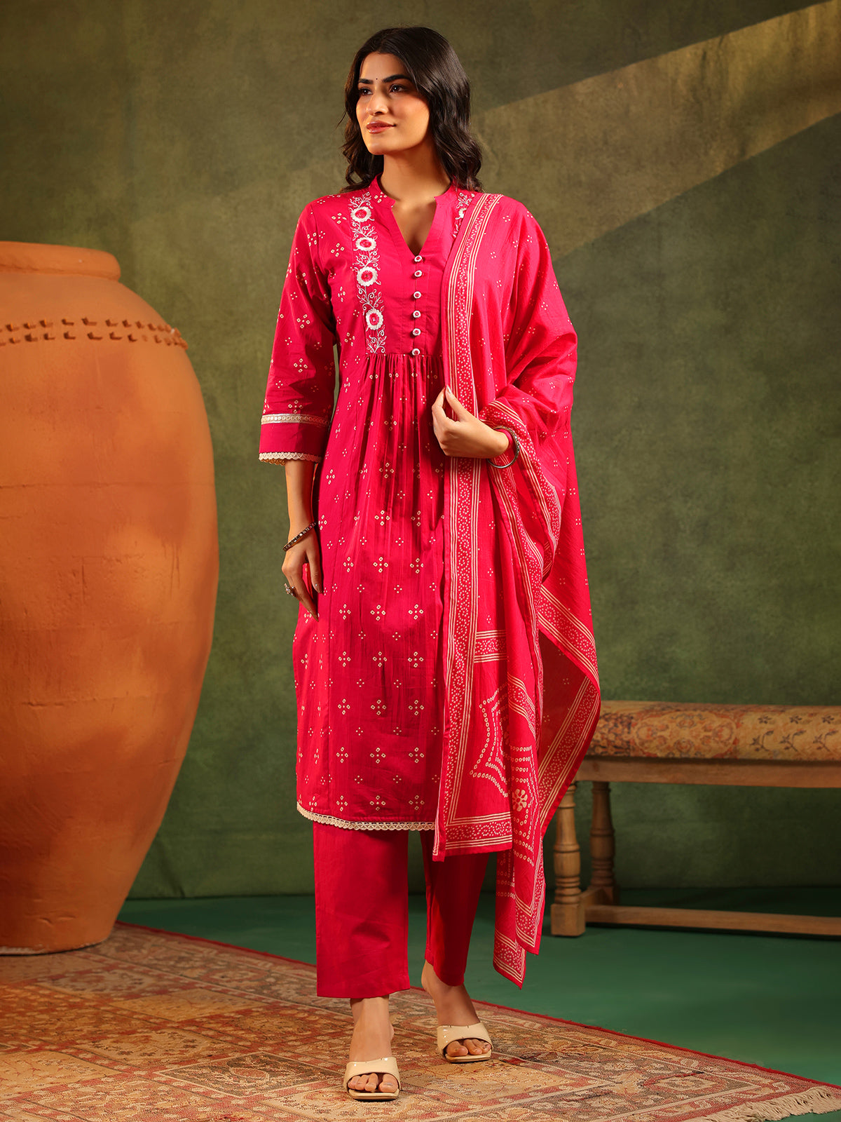 Magenta silk festive wear printed kurti set