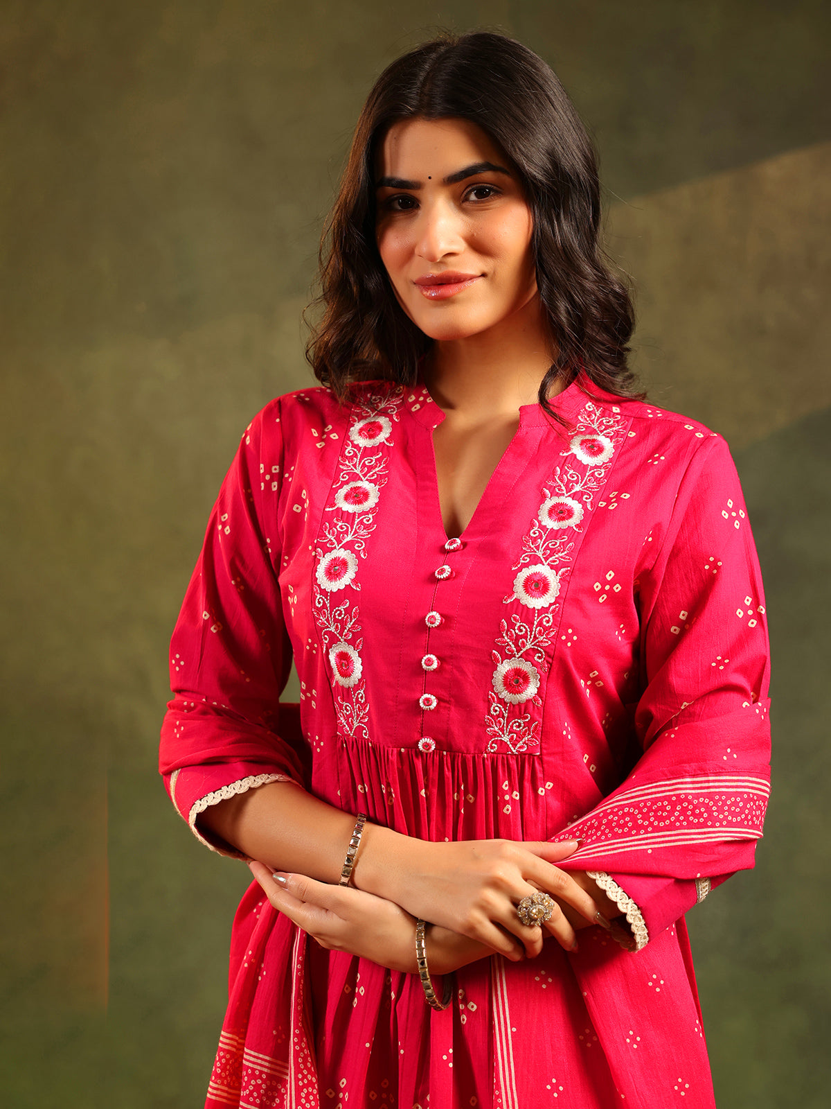 Magenta silk festive wear printed kurti set