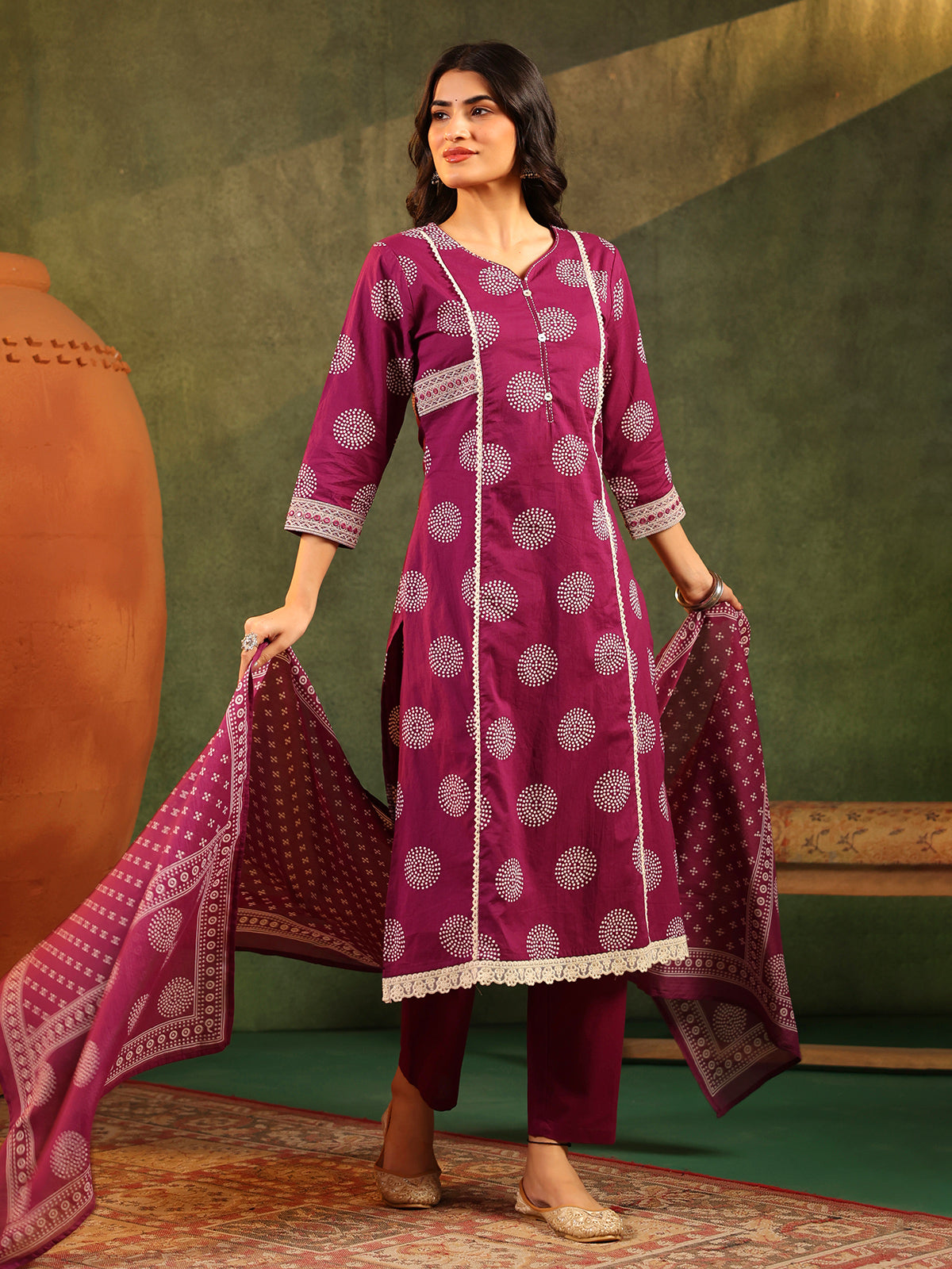 Wine printed festive wear cotton silk kurti