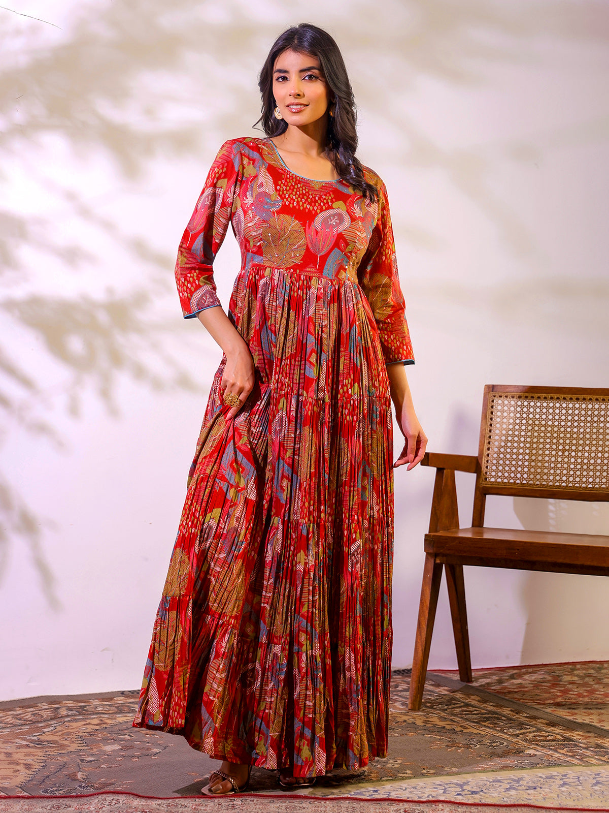 Red festive wear cotton floor length kurti