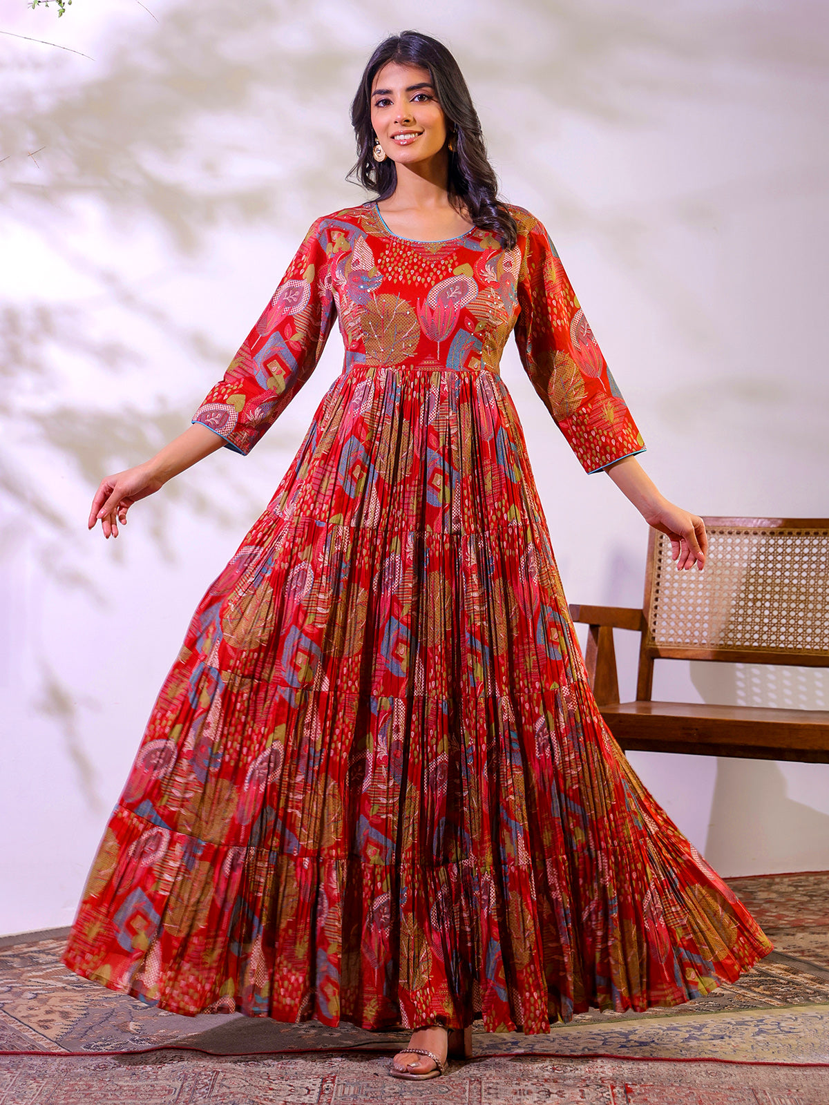 Red festive wear cotton floor length kurti