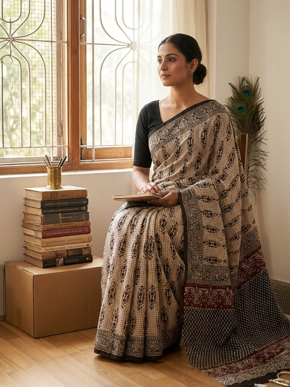 Beige printed muslin saree with unstitched blouse
