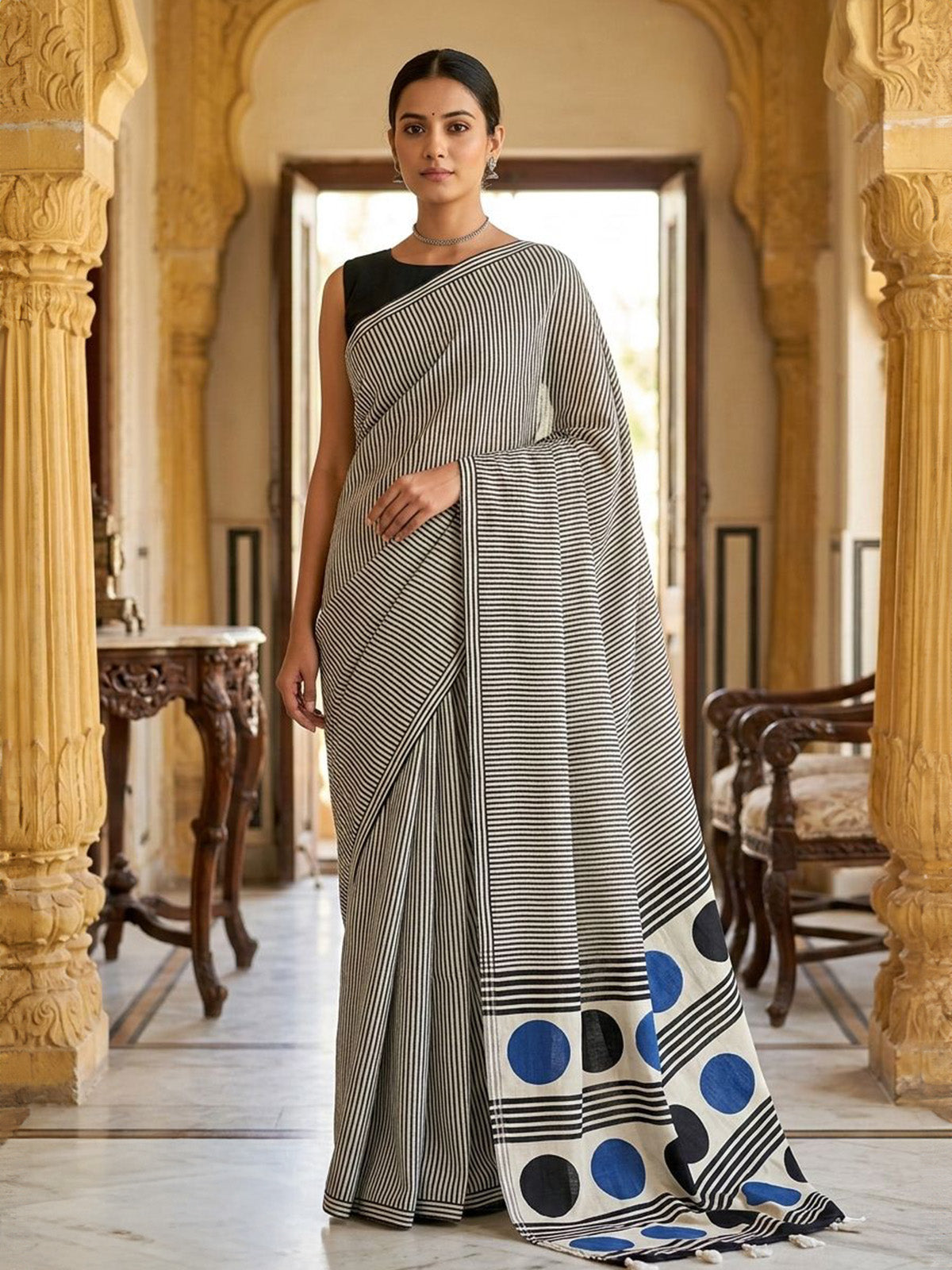 White printed muslin saree for casual