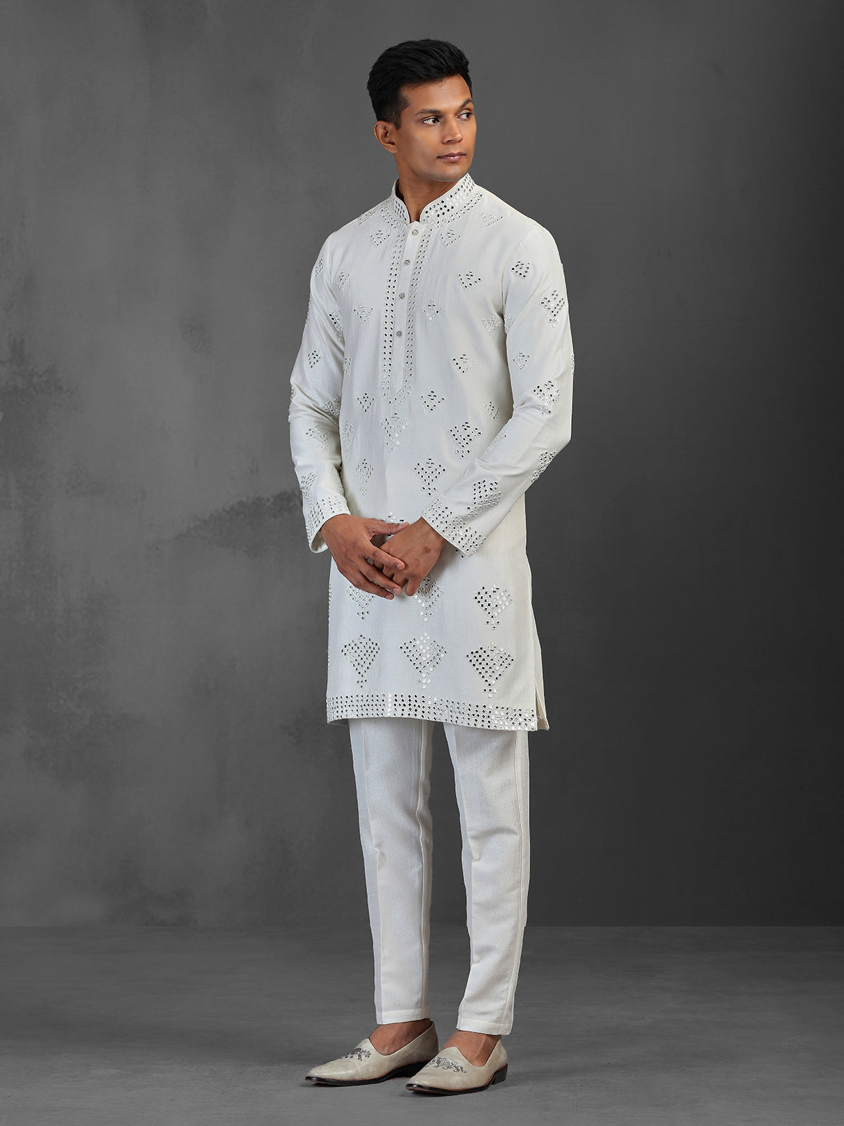 White silk wedding wear kurta suit with mirror work
