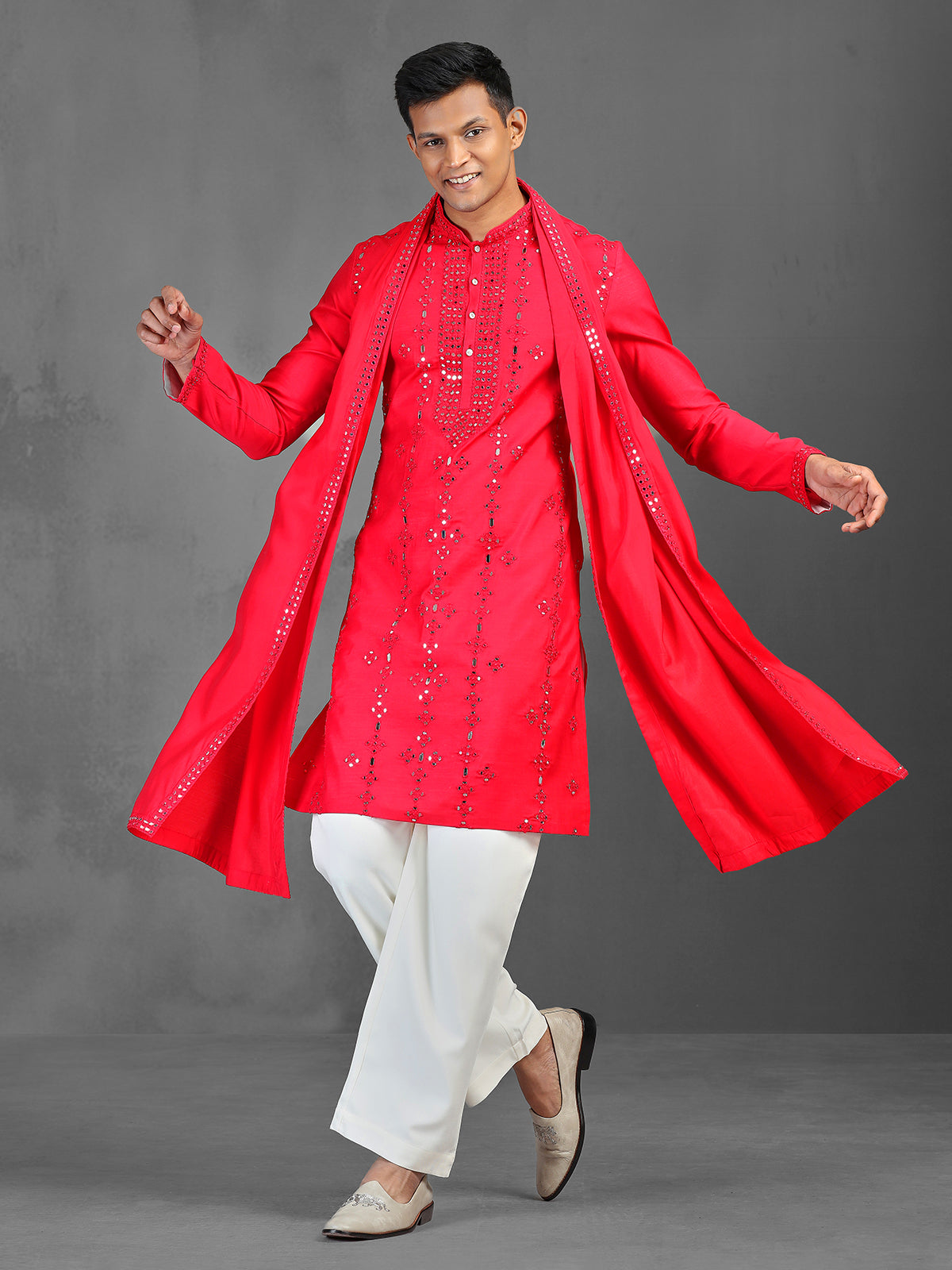 Red wedding wear art silk kurta suit with dupatta