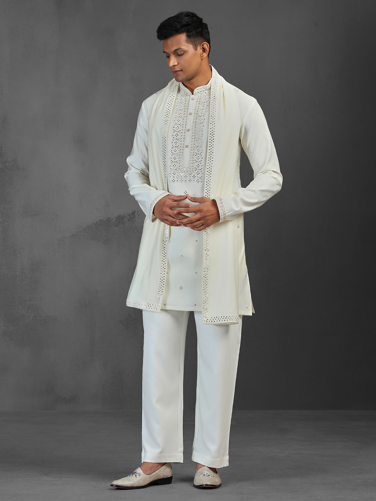 Cream reception wear art silk kurta suit with dupatta