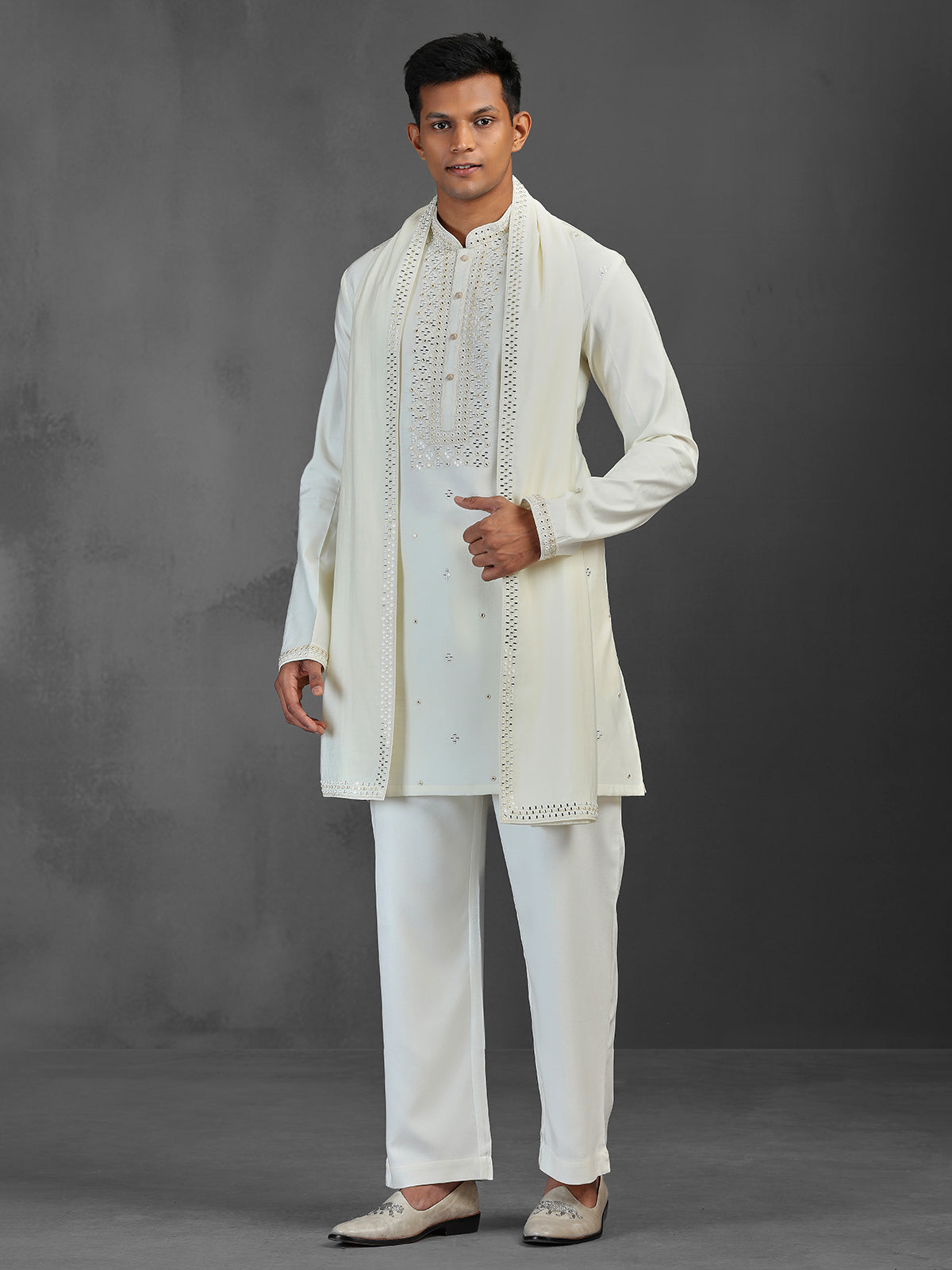Cream reception wear art silk kurta suit with dupatta
