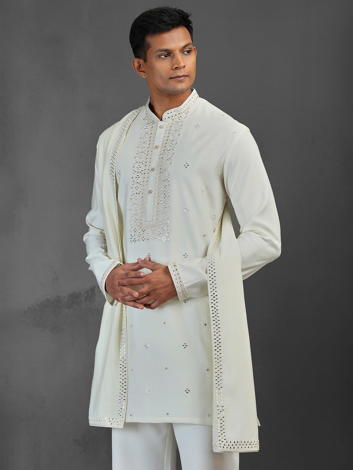Cream reception wear art silk kurta suit with dupatta