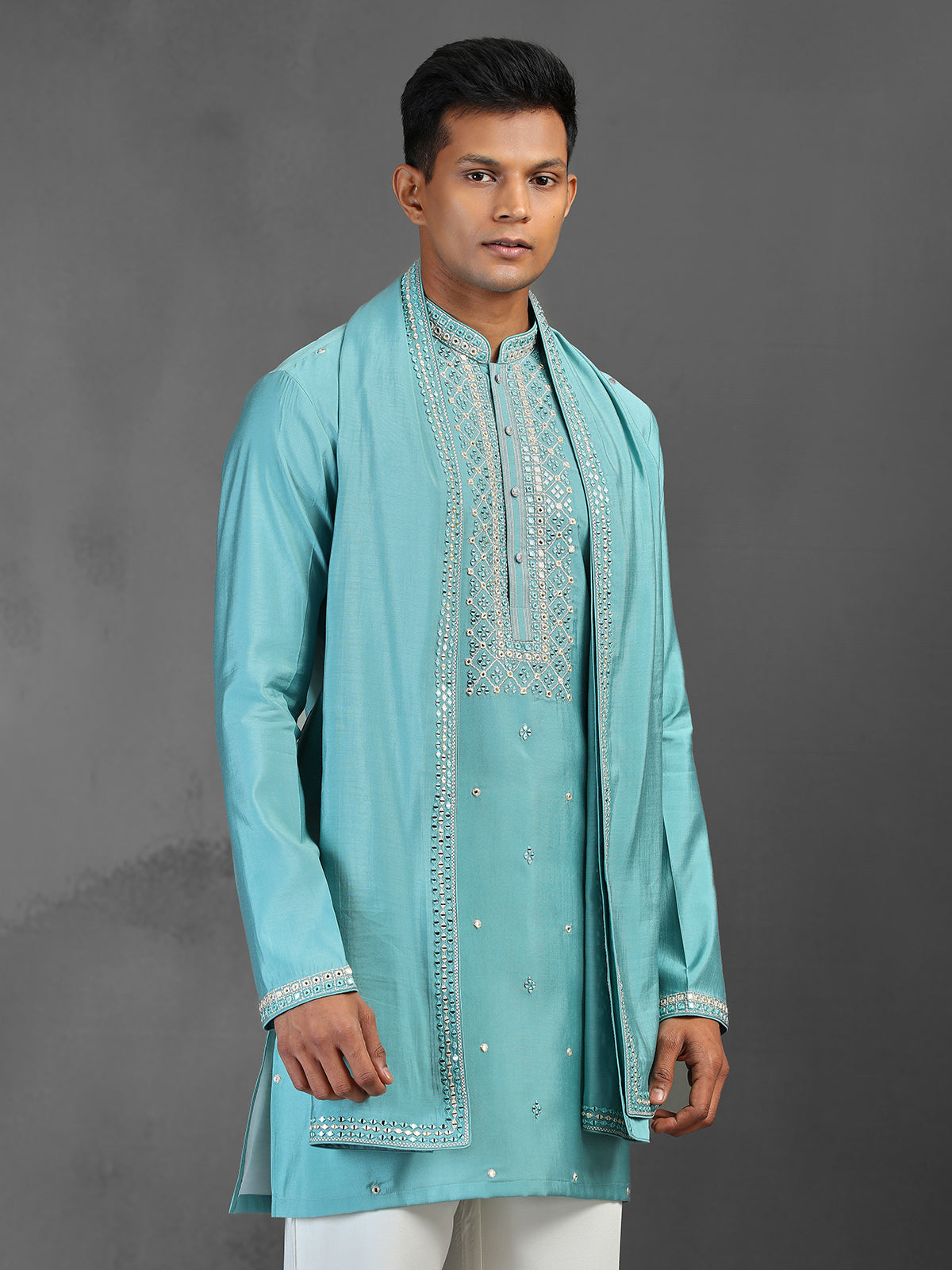 Firozi blue art silk kurta suit with dupatta
