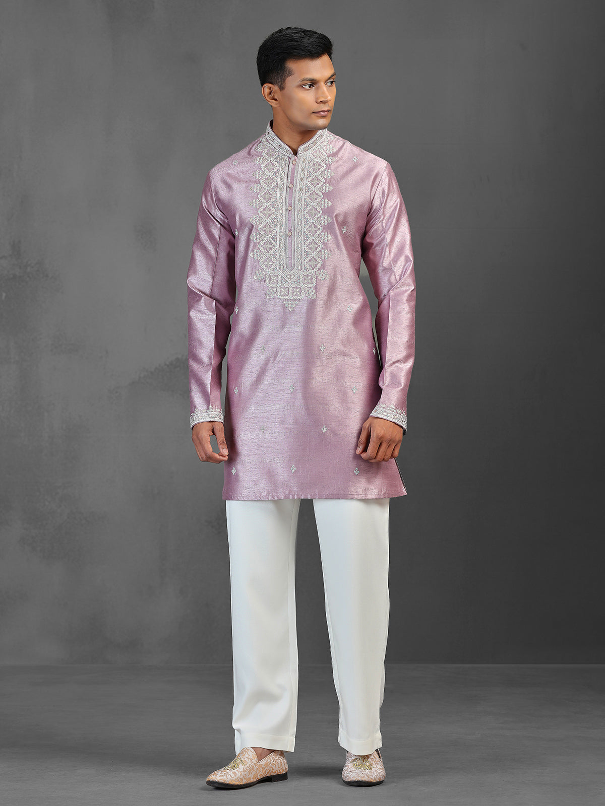 Onion pink silk kurta suit for wedding celebration