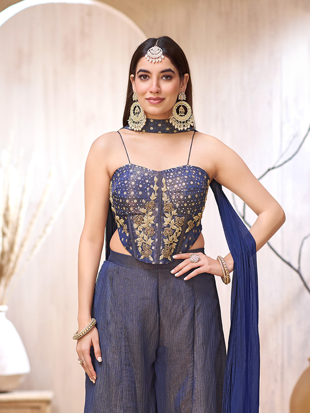 Blue chiffon heavily embellished designer palazzo suit