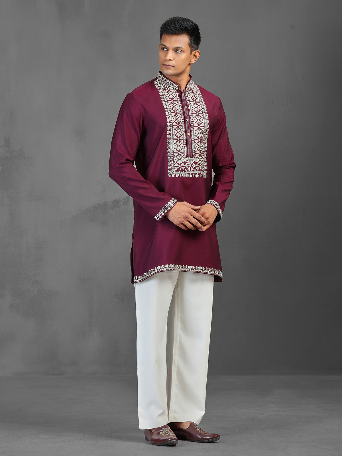 Maroon festive wear cotton silk kurta suit for men