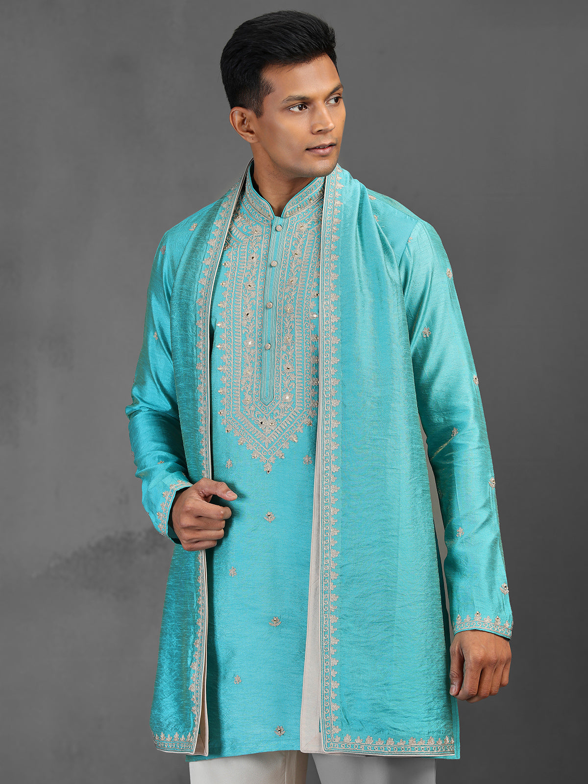 Firozi blue wedding wear art silk kurta suit with dupatta