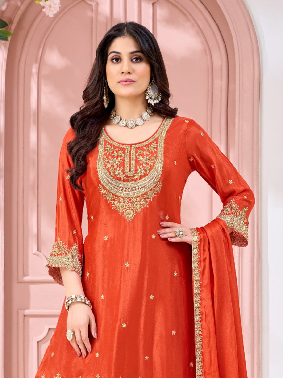 Rust orange silk pakistani style yoke design palazzo suit