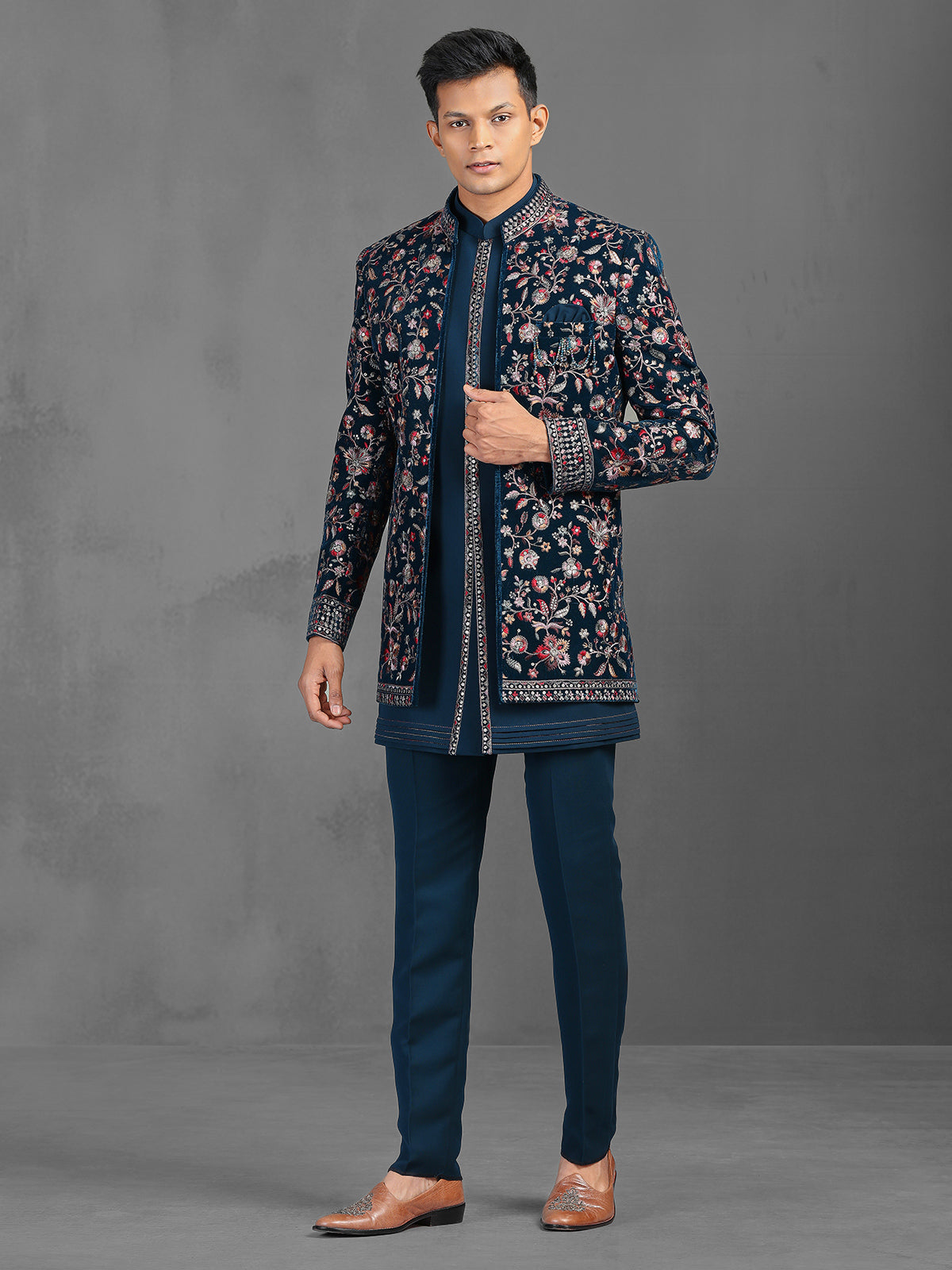 Teal green wedding wear indowestern suit with embroidery