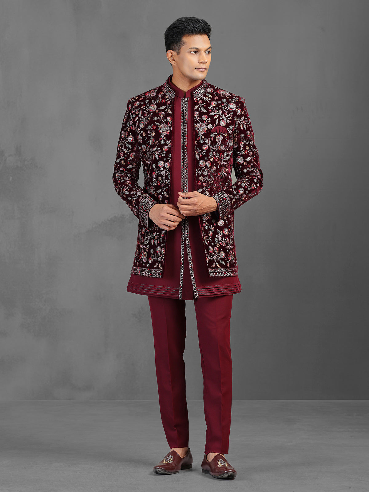 Maroon embroidery worked indowestern set for wedding
