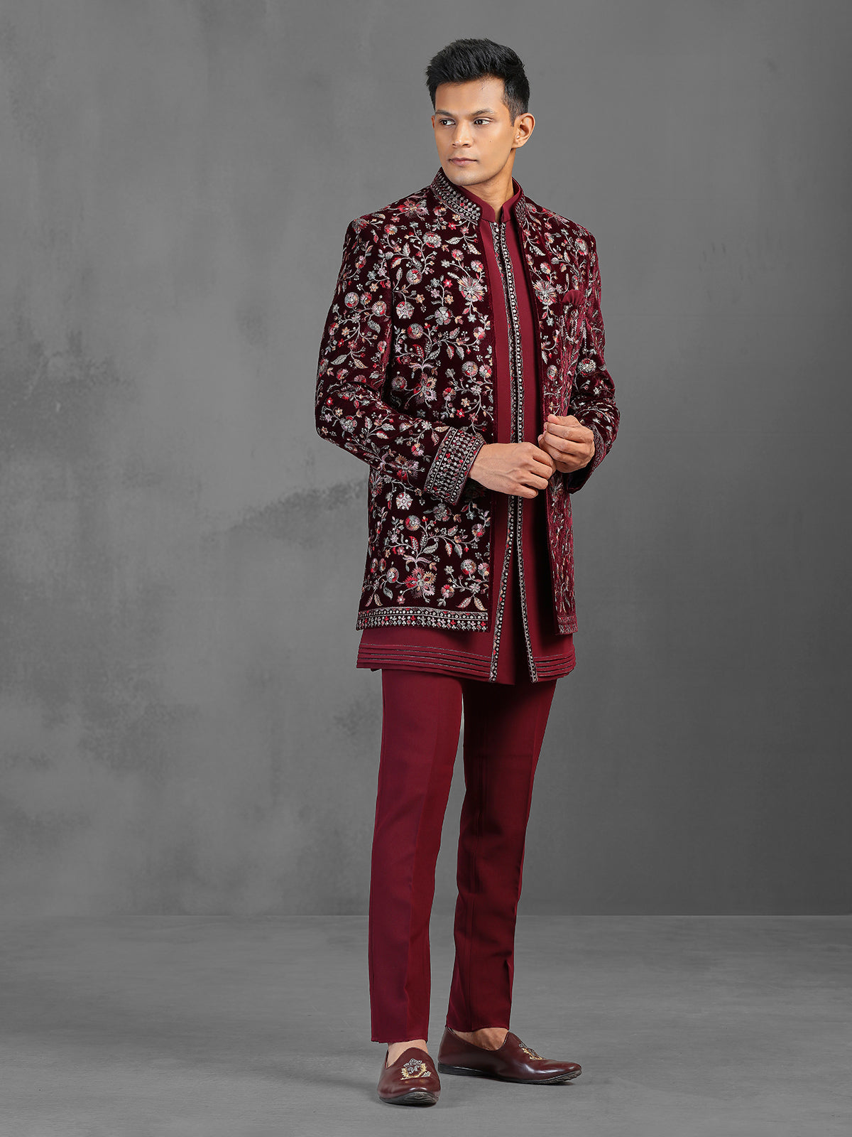 Maroon embroidery worked indowestern set for wedding