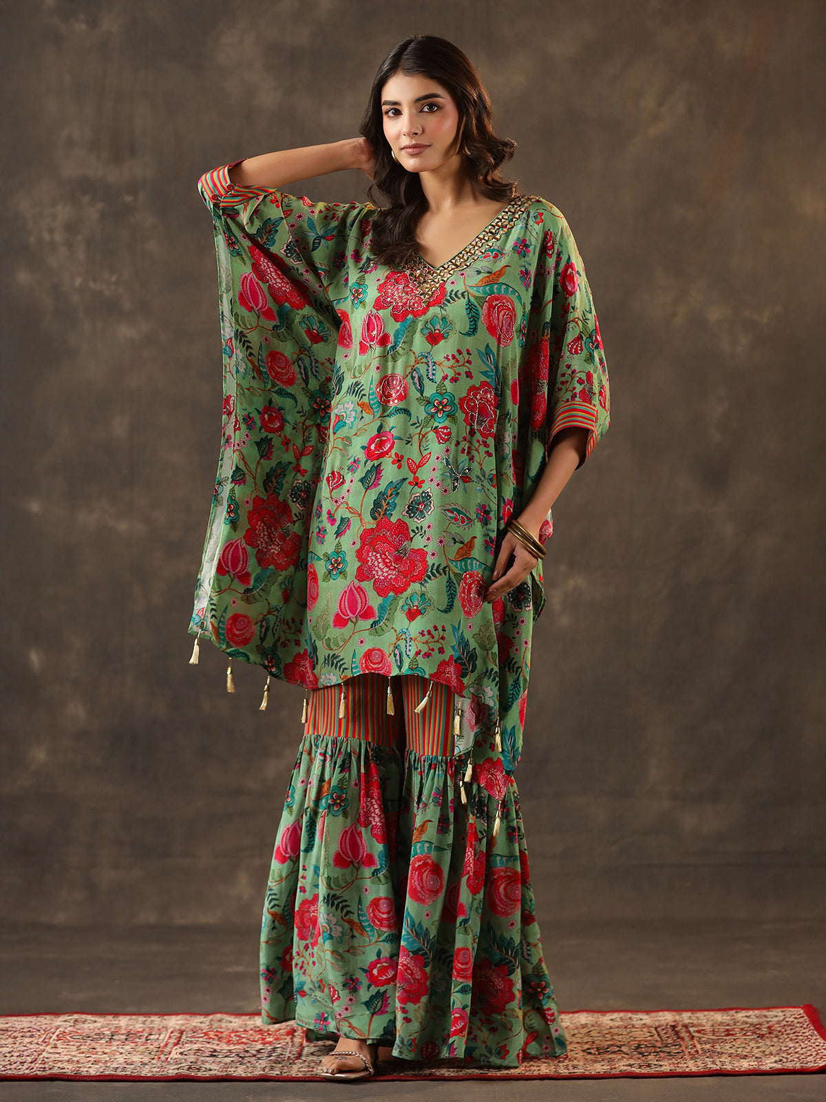 Pista green silk kaftan style designer sharara suit
