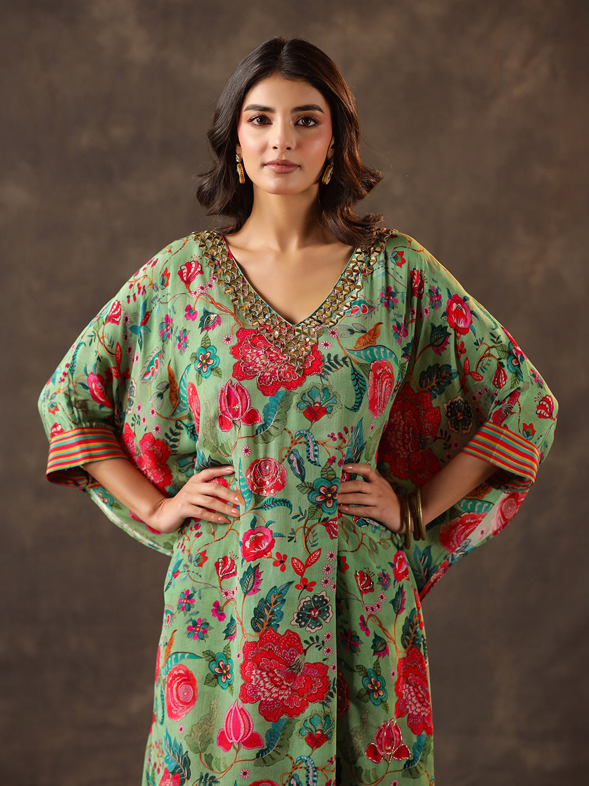 Pista green silk kaftan style designer sharara suit