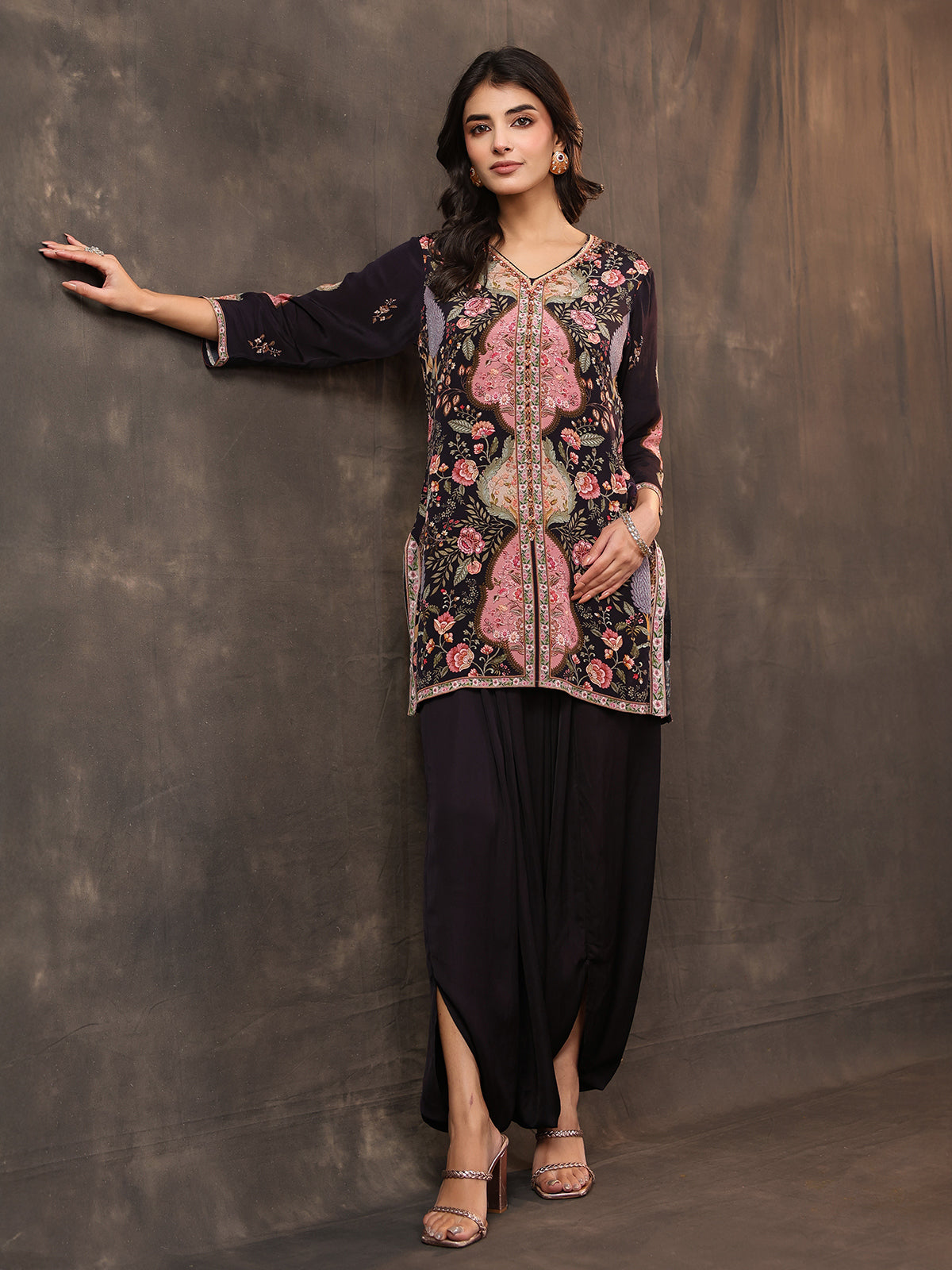 Black crepe silk printed designer dhoti suit