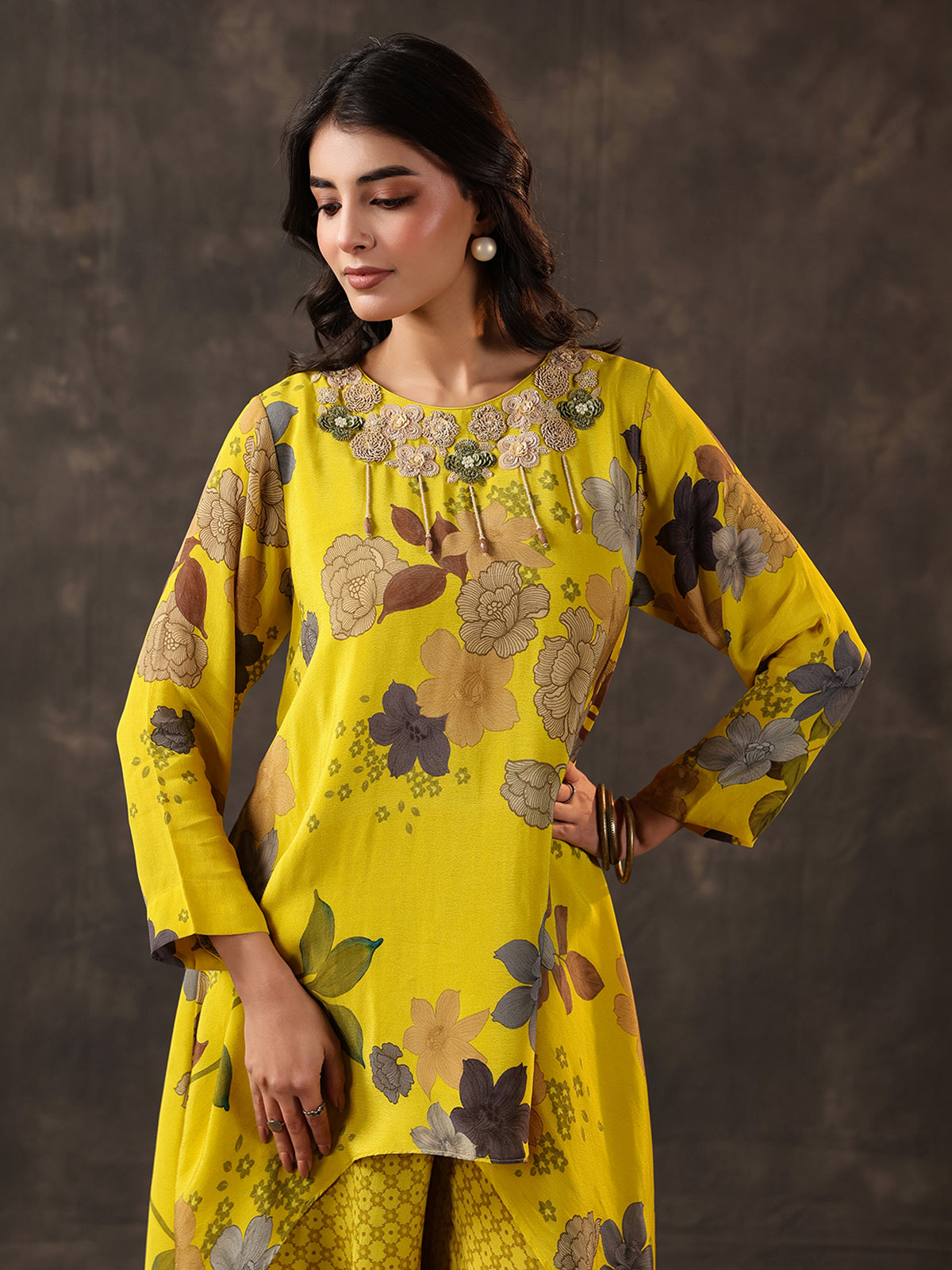 Yellow silk floral kaftan style palazzo suit