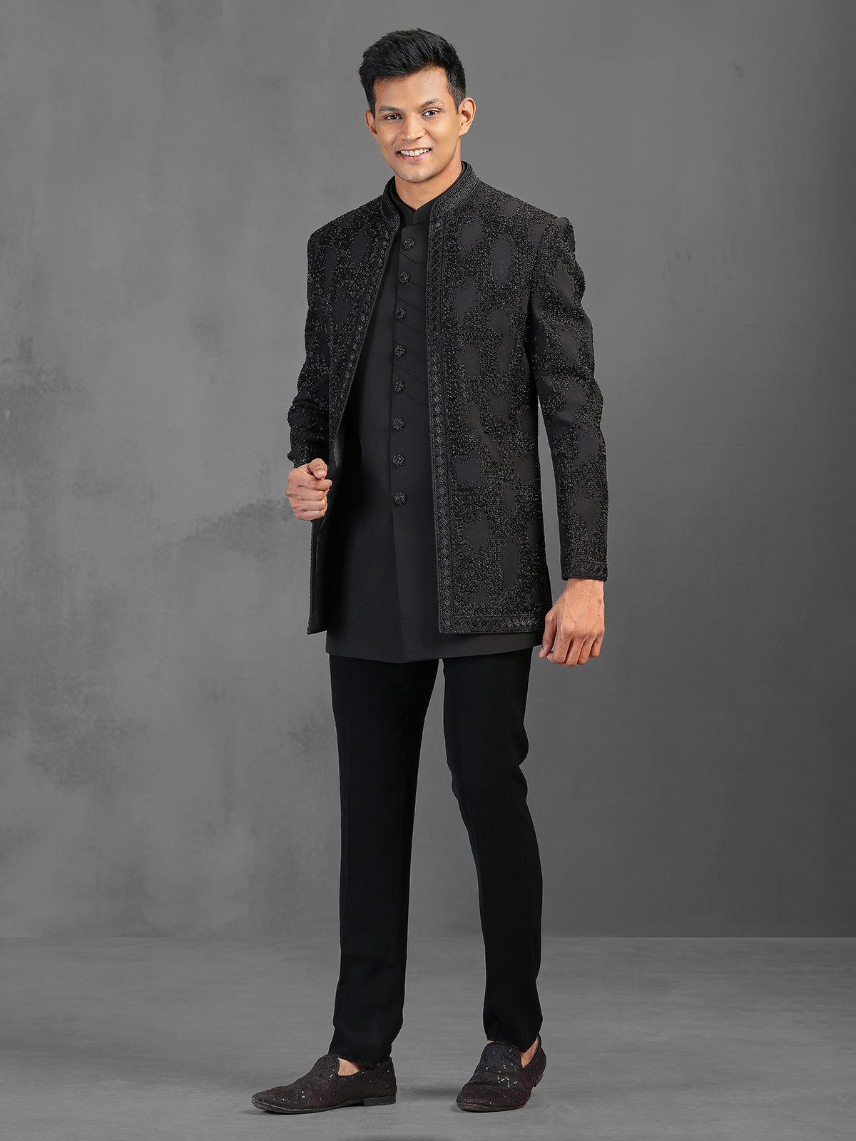 Black terry rayon indowestern suit with cutdana detailing
