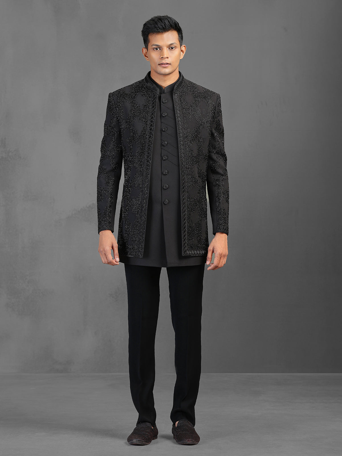Black terry rayon indowestern suit with cutdana detailing