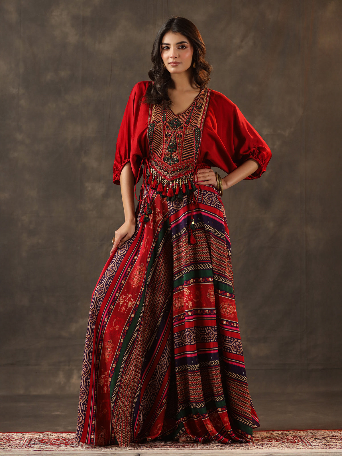 Red crepe silk embellished designer palazzo suit