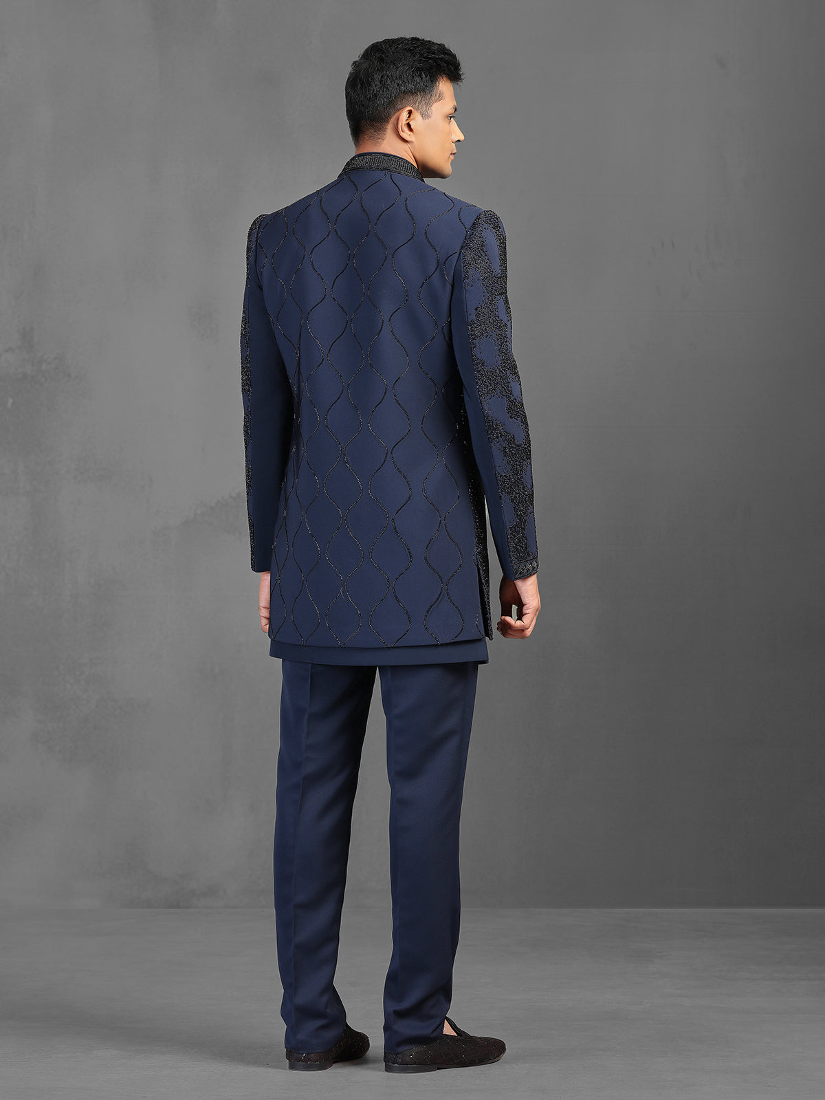 Navy cutdana worked indowestern suit in terry rayon