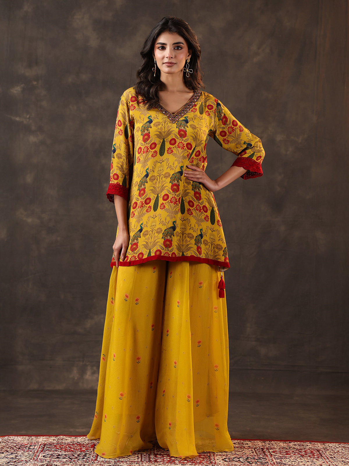 Yellow silk printed cutdana festive palazzo suit