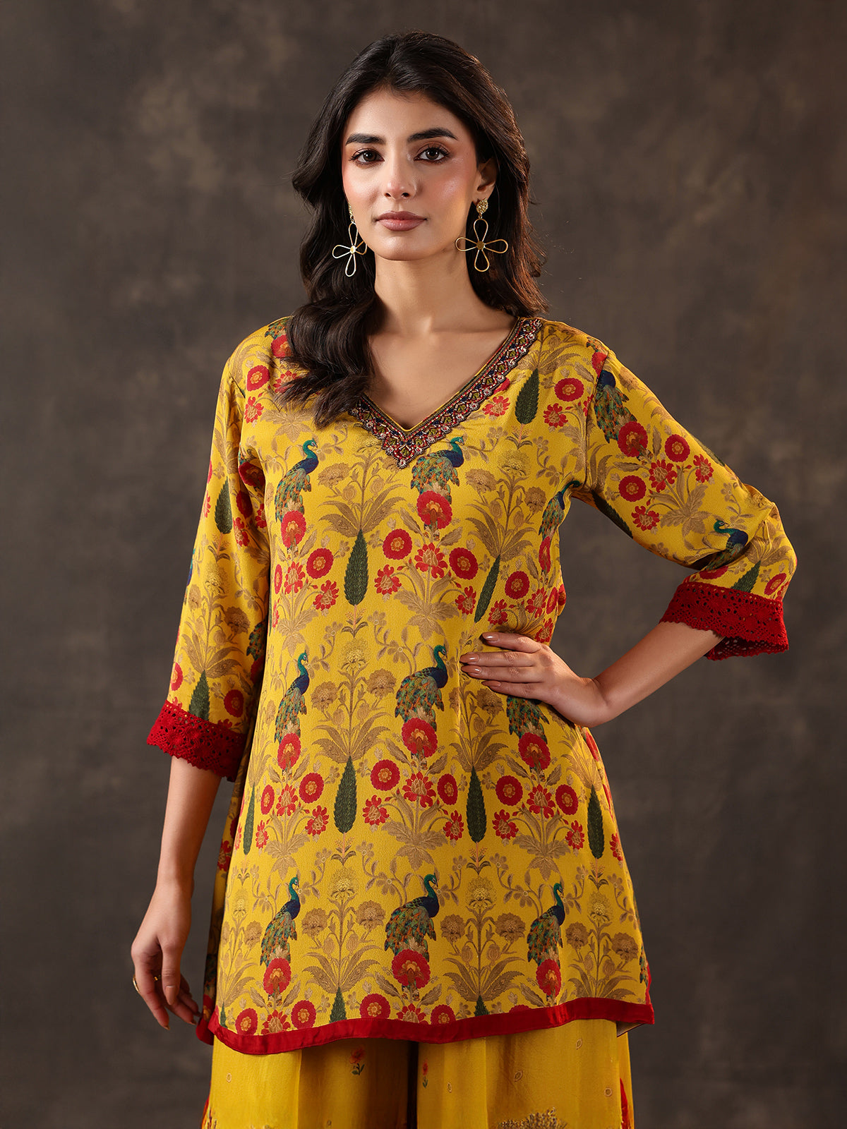Yellow silk printed cutdana festive palazzo suit