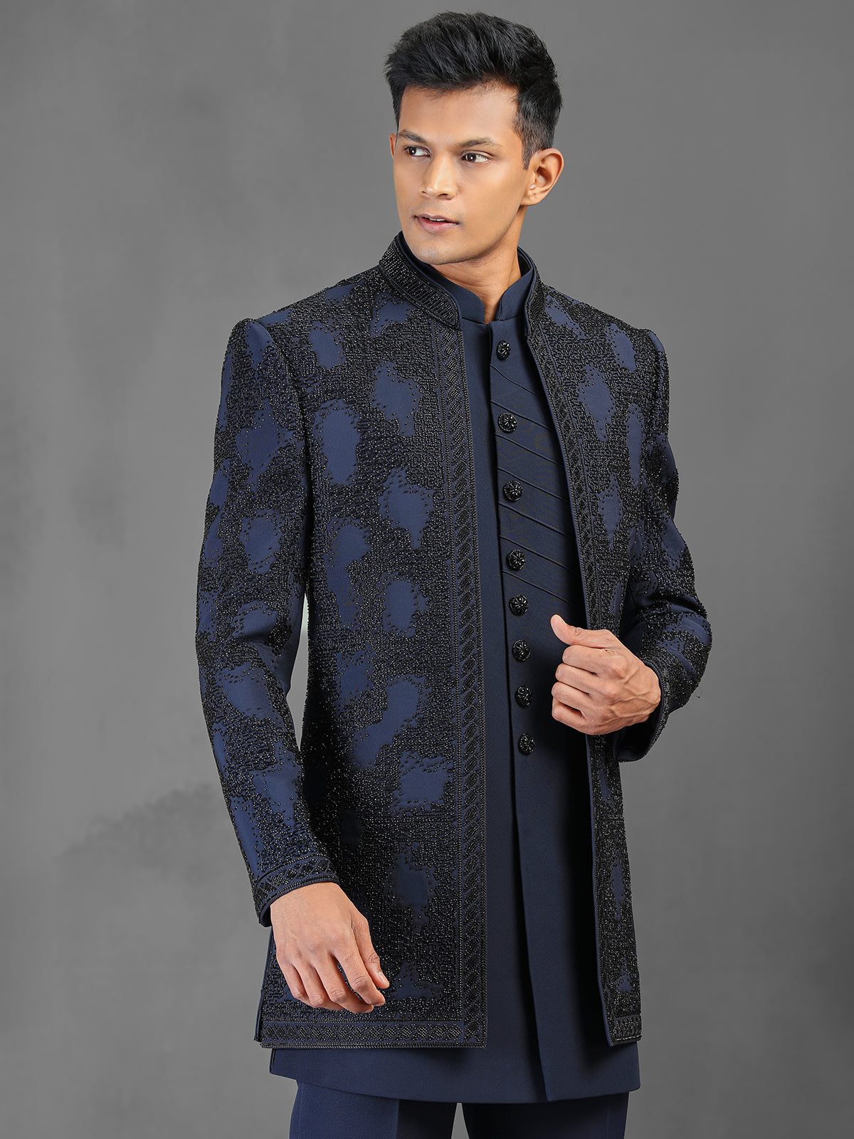 Navy cutdana worked indowestern suit in terry rayon