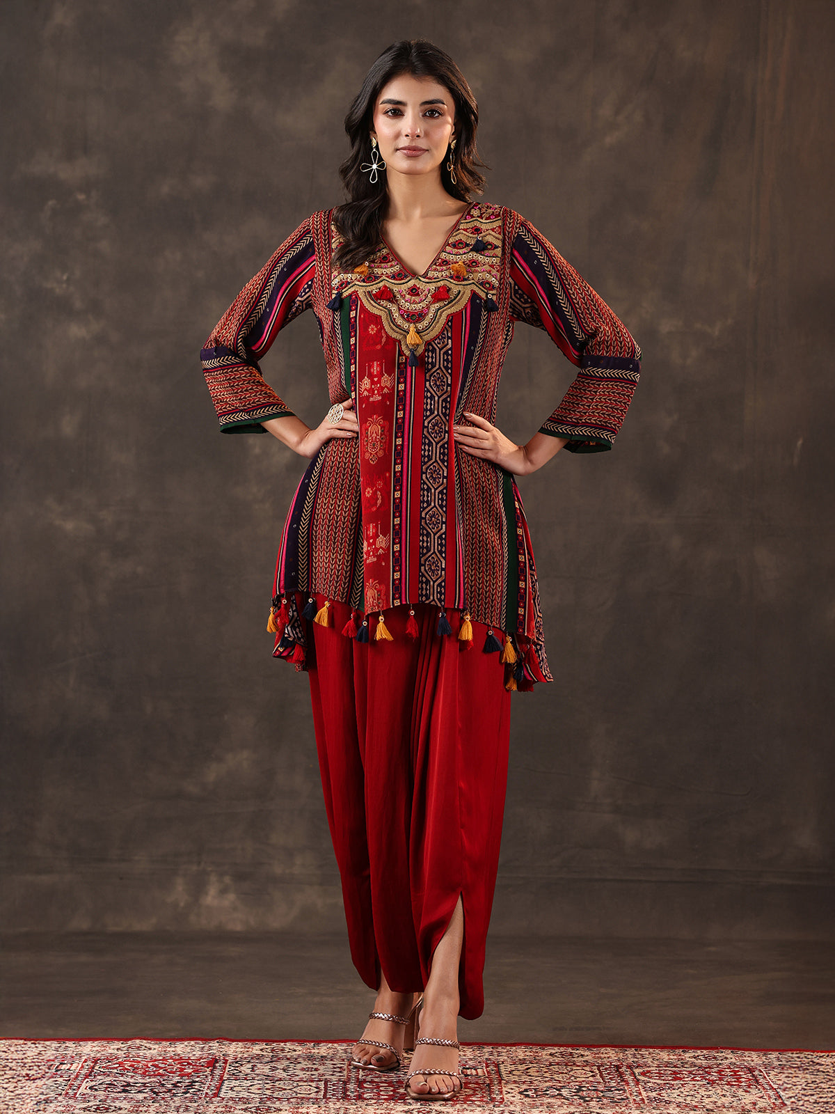 Maroon crepe silk mirror work dhoti suit