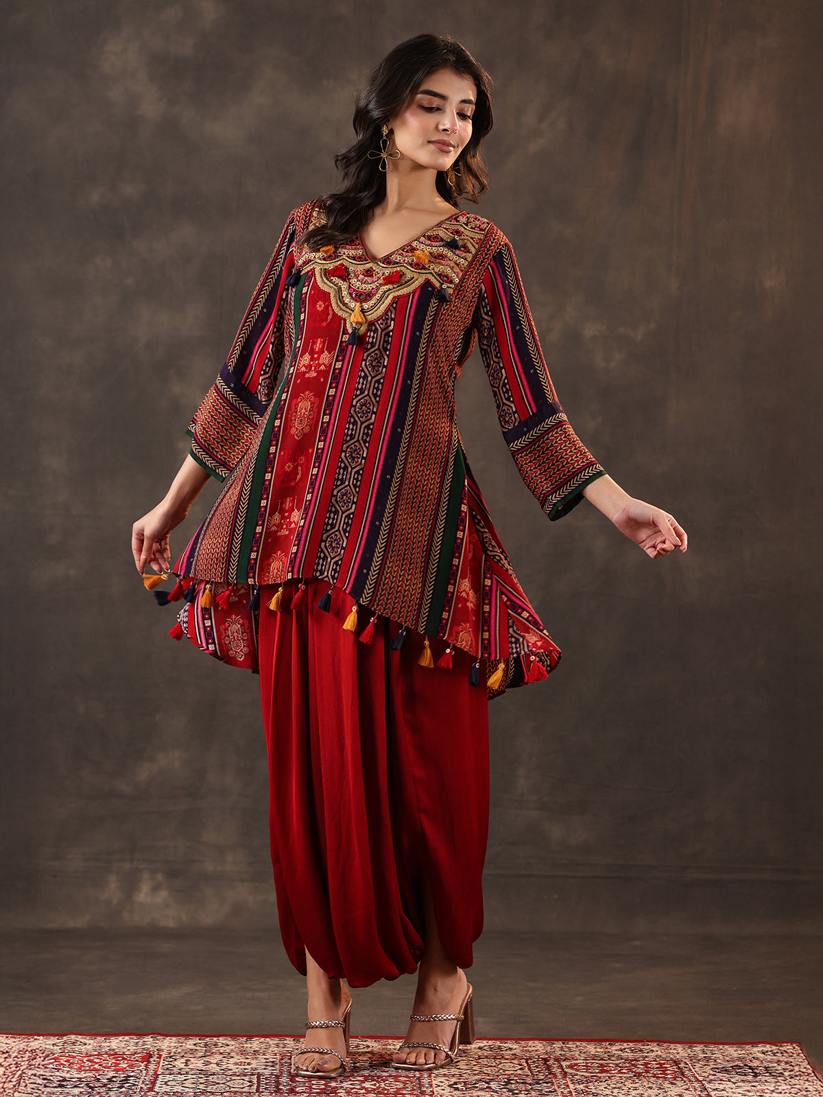 Maroon crepe silk mirror work dhoti suit